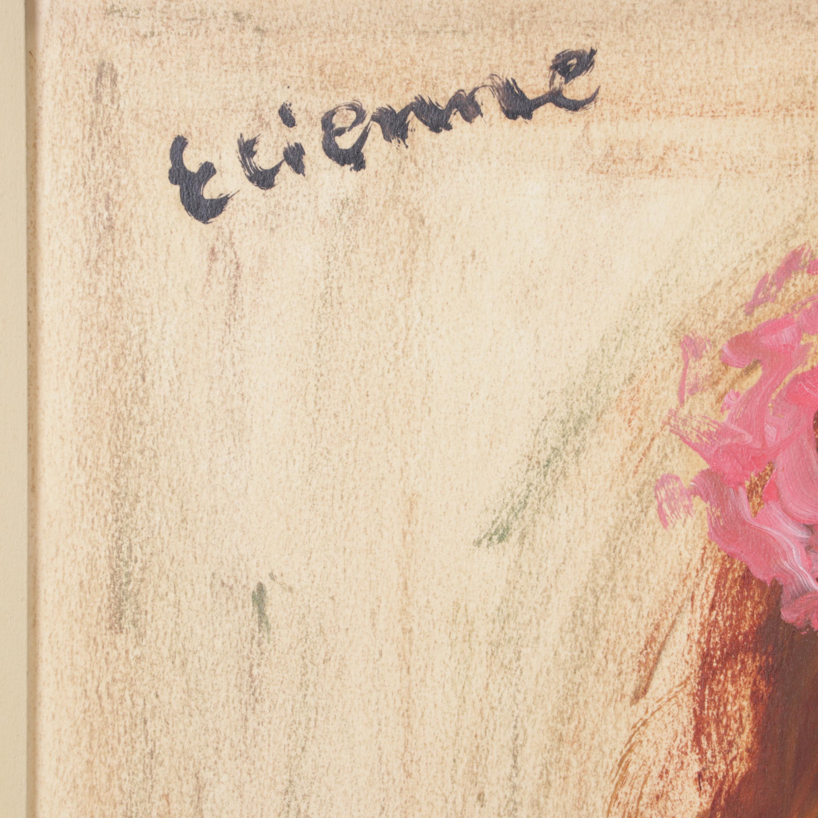 Roger Etienne Portrait Mixed Media Painting of Young Girl Holding Doll, 1962