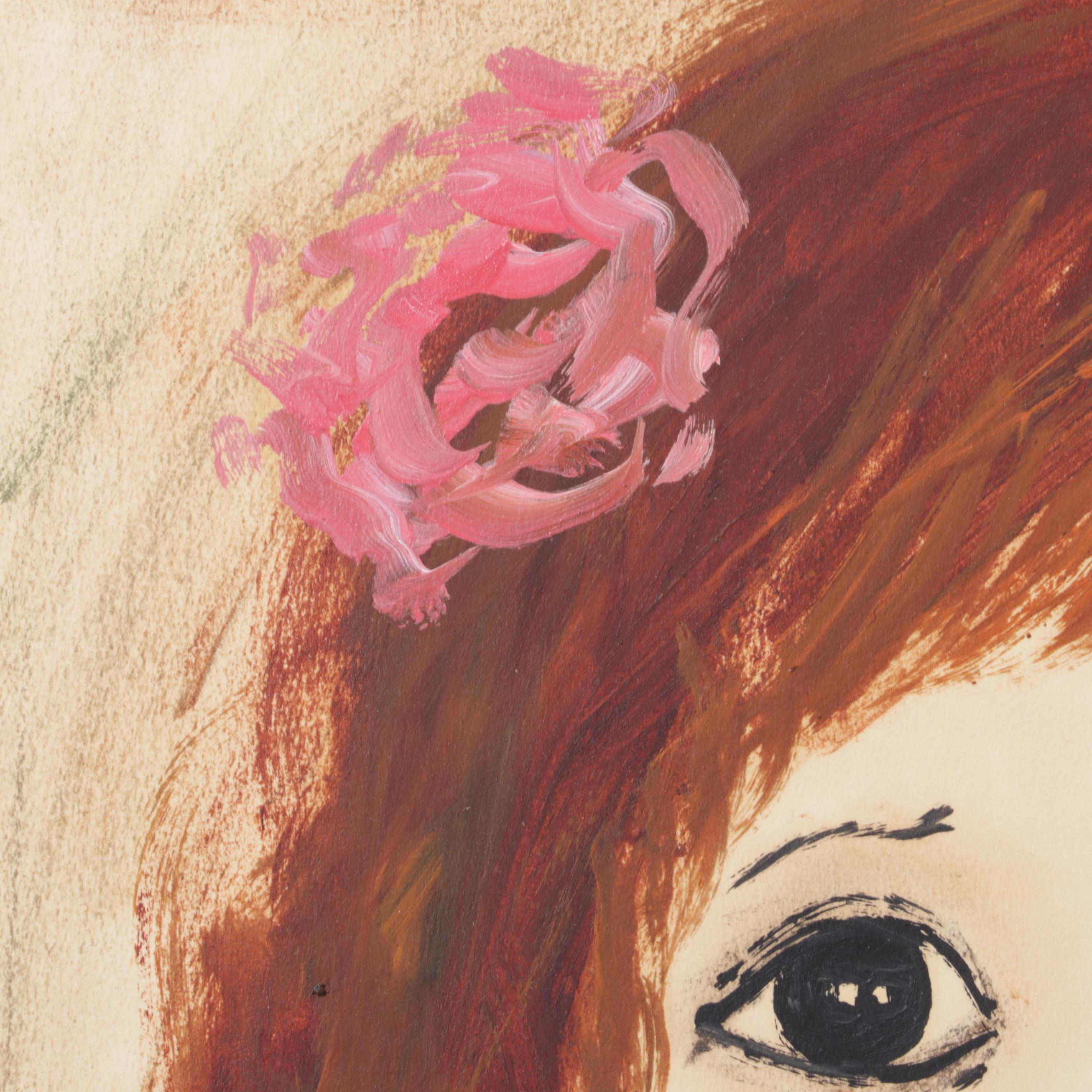 Roger Etienne Portrait Mixed Media Painting of Young Girl Holding Doll, 1962