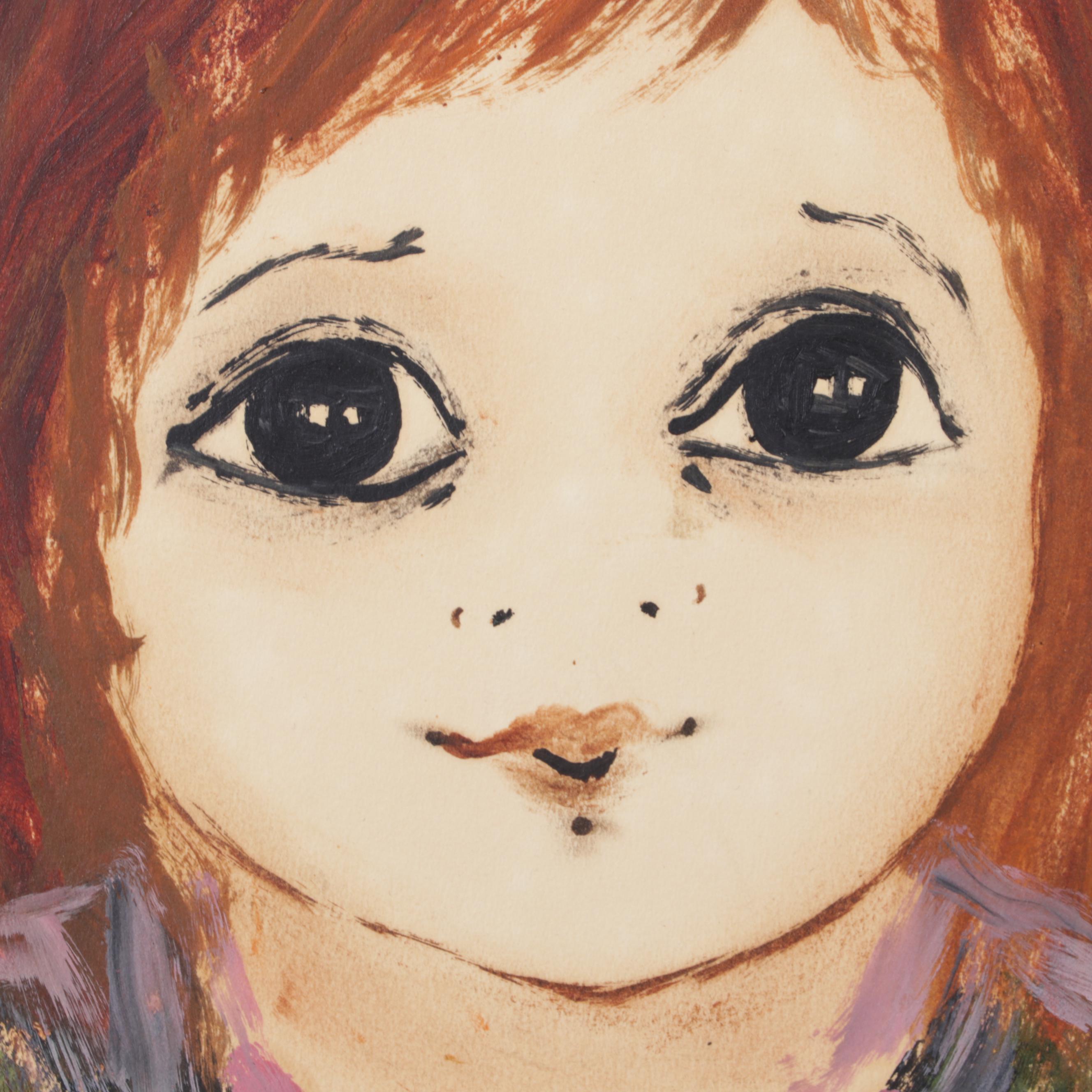 Roger Etienne Portrait Mixed Media Painting of Young Girl Holding Doll, 1962