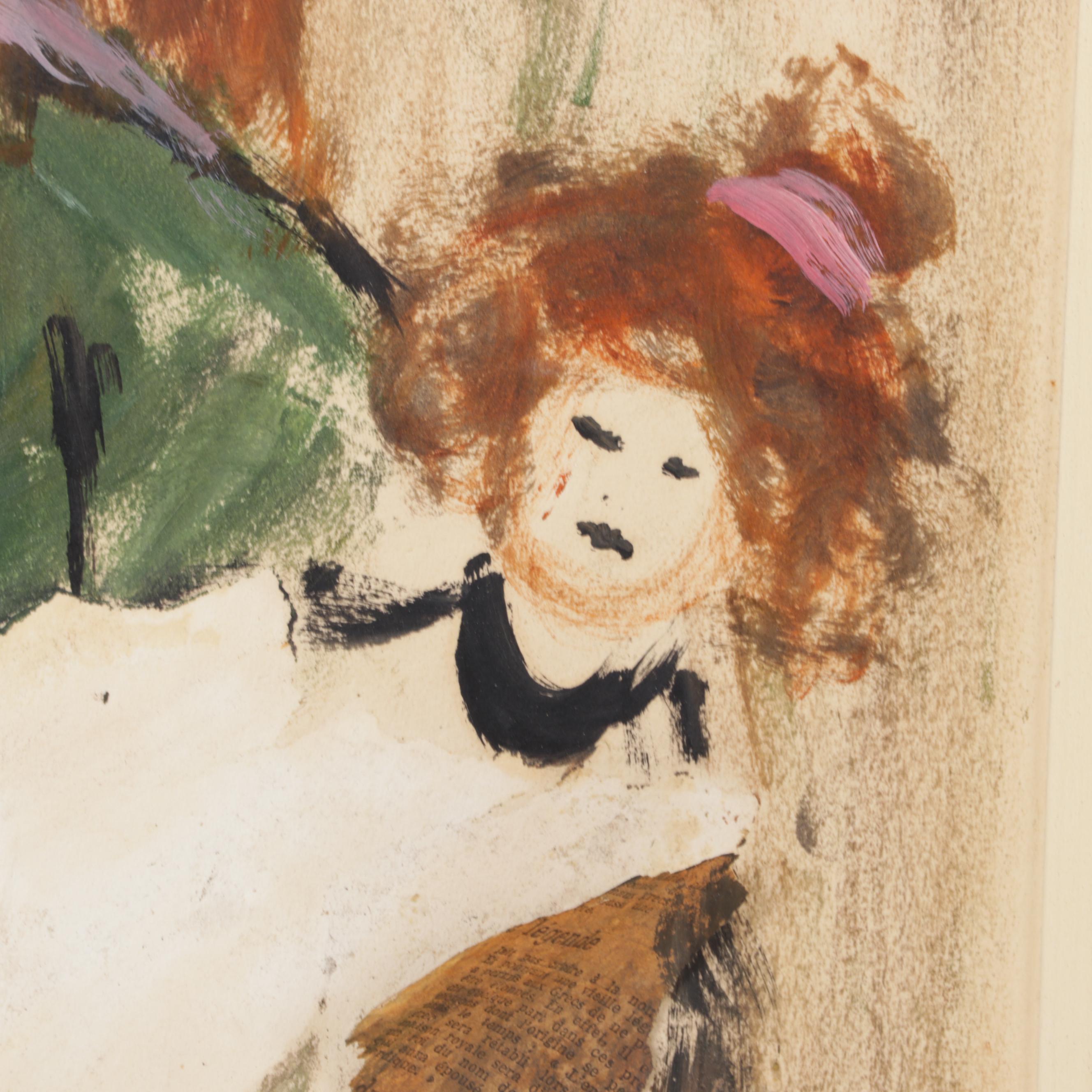 Roger Etienne Portrait Mixed Media Painting of Young Girl Holding Doll, 1962