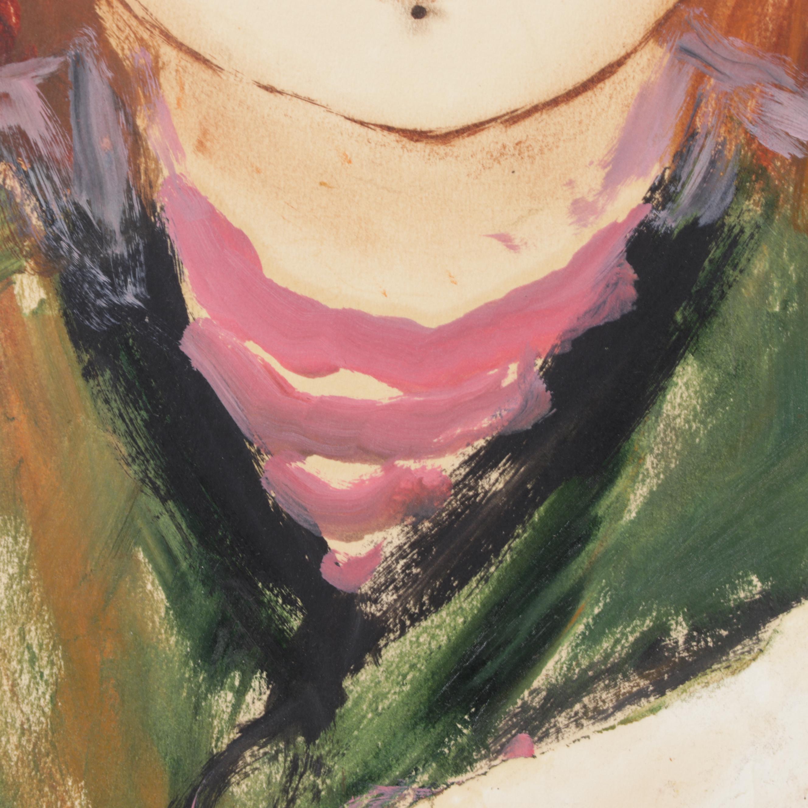 Roger Etienne Portrait Mixed Media Painting of Young Girl Holding Doll, 1962