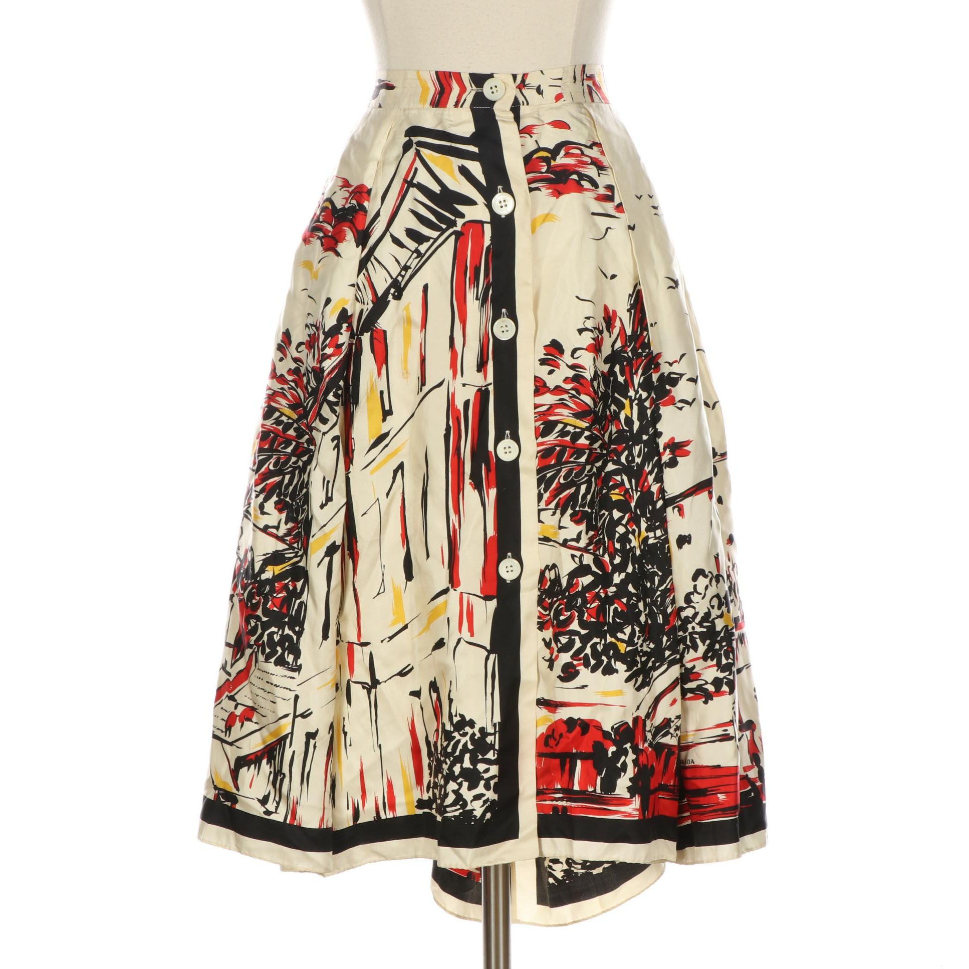 Prada Button Front Box Pleat Skirt in Silk Twill Scenery Print