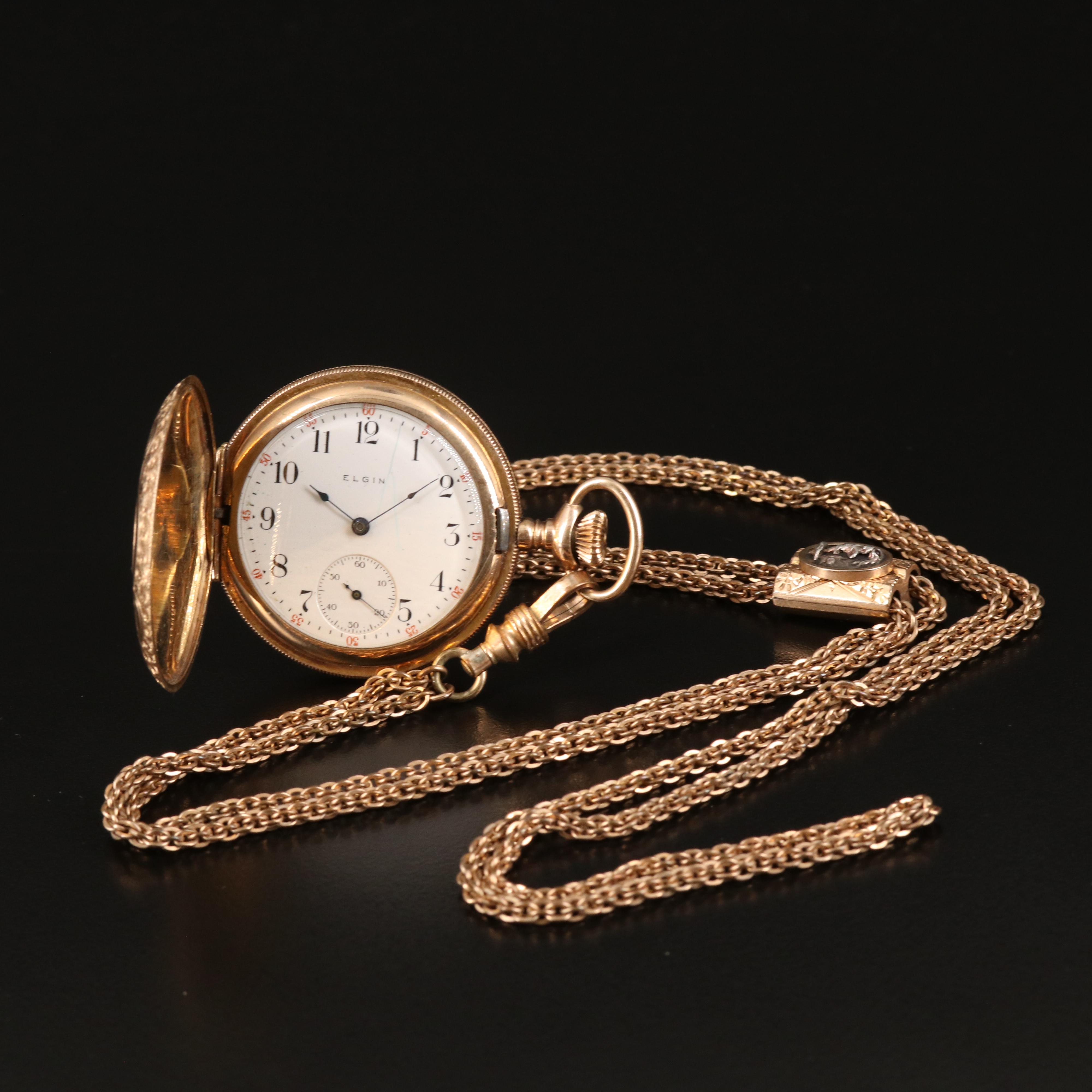 1910 Elgin Gold Filled Pocket Watch with Chain Slide Fob