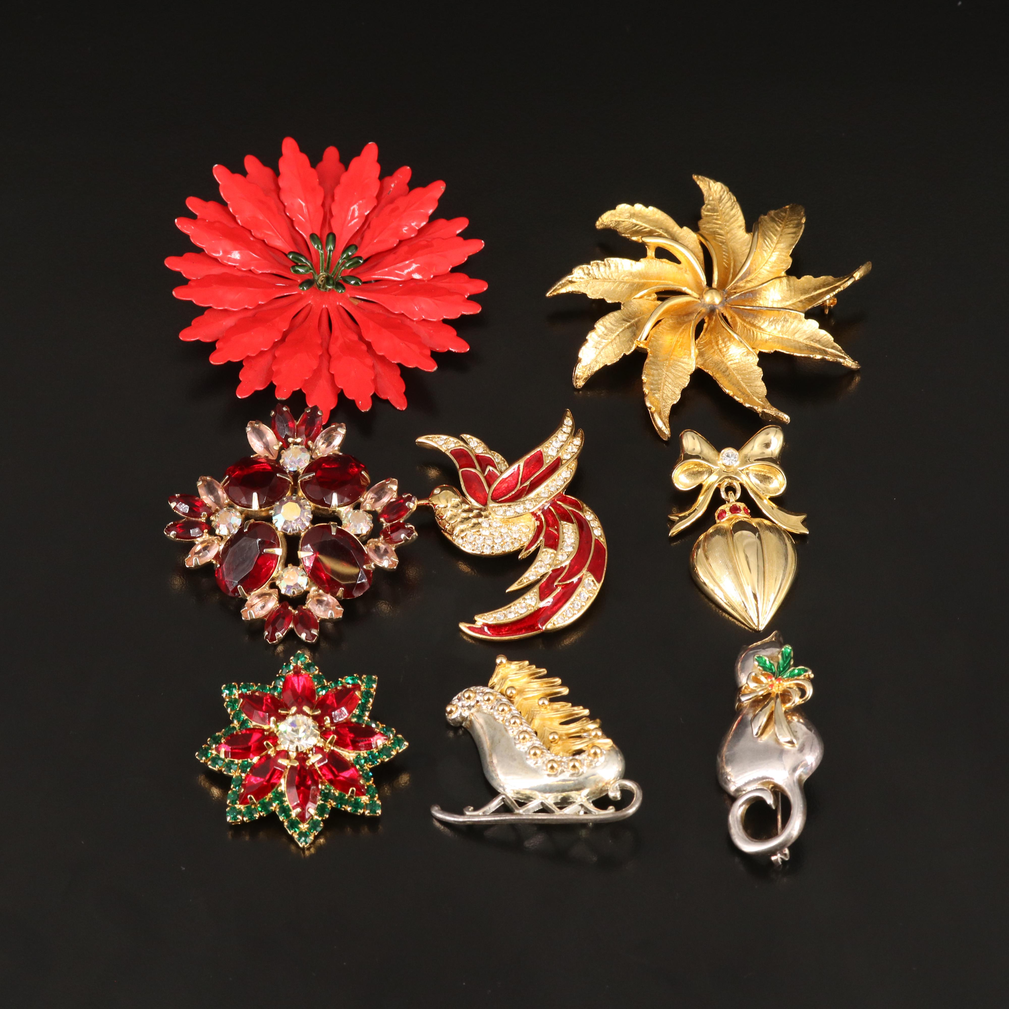 Vintage Christmas Themed Brooches Including Eisenberg Ice Poinsettia