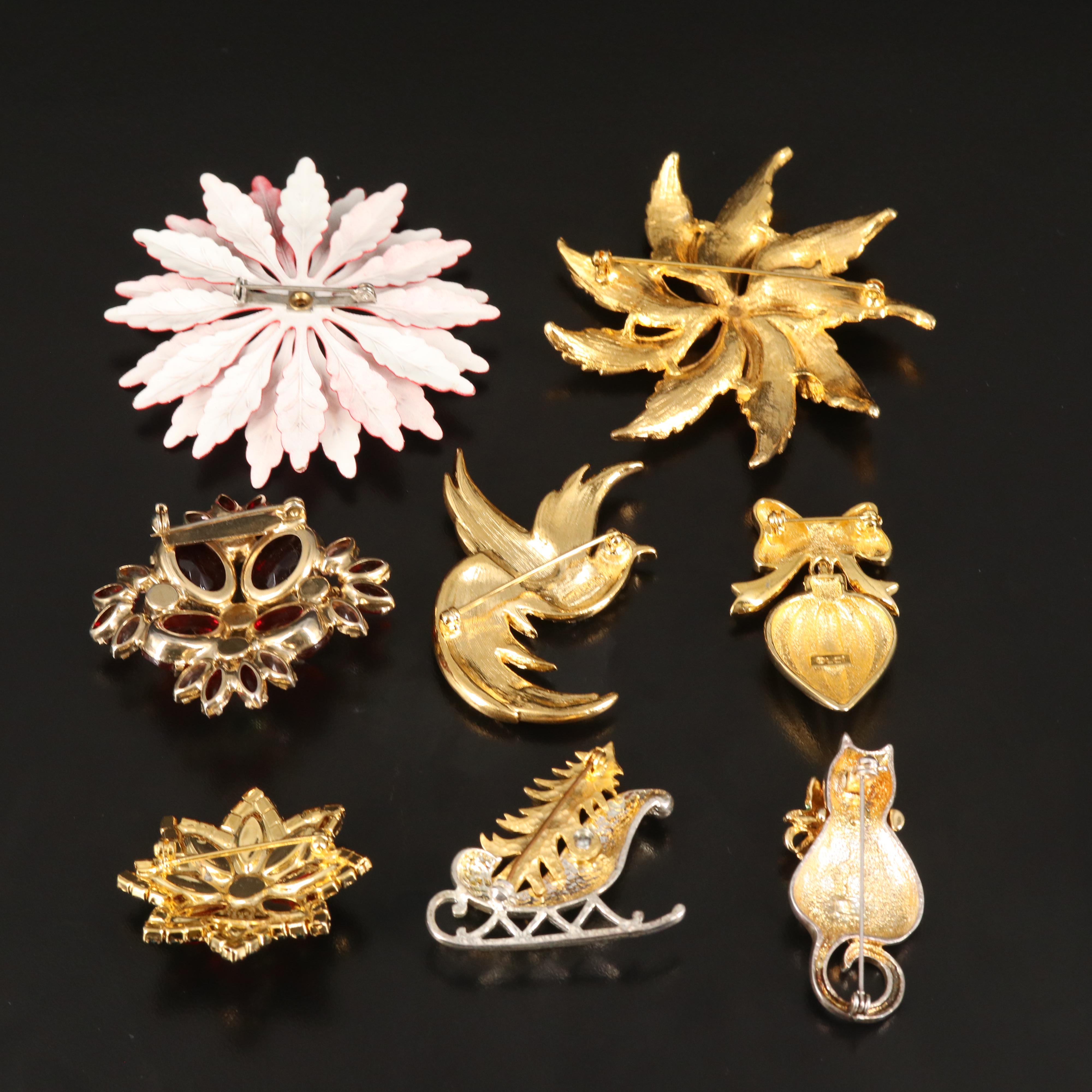 Vintage Christmas Themed Brooches Including Eisenberg Ice Poinsettia