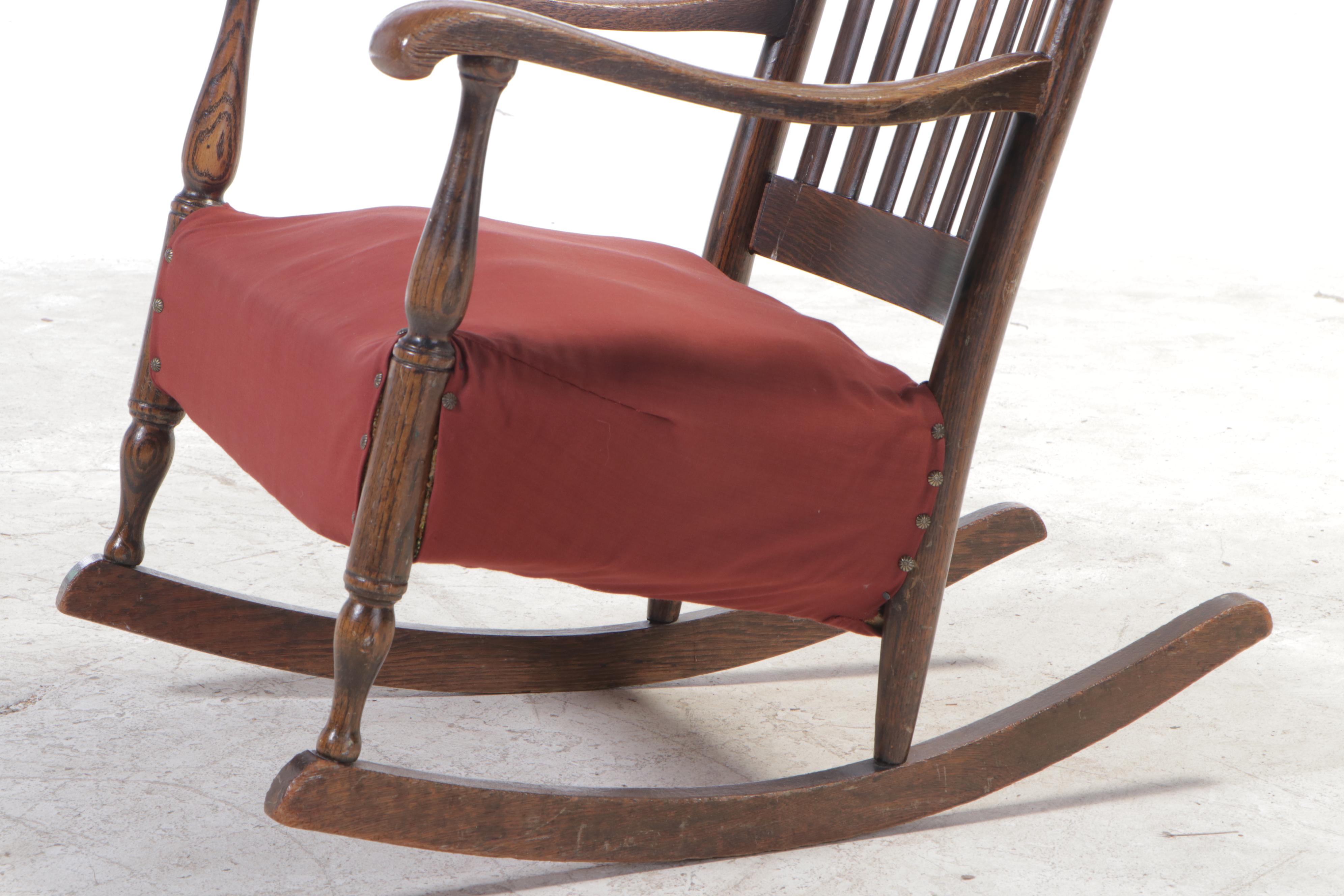 Oak Rocking Chair with Oil-Cloth Upholstered Crest, Early 20th Century