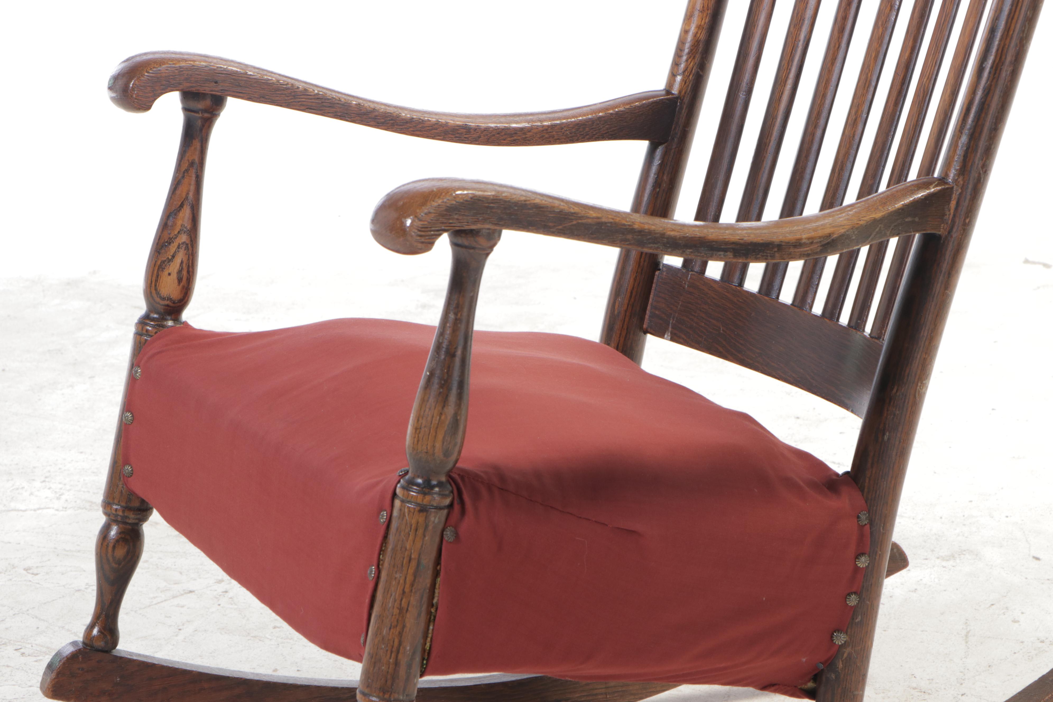 Oak Rocking Chair with Oil-Cloth Upholstered Crest, Early 20th Century