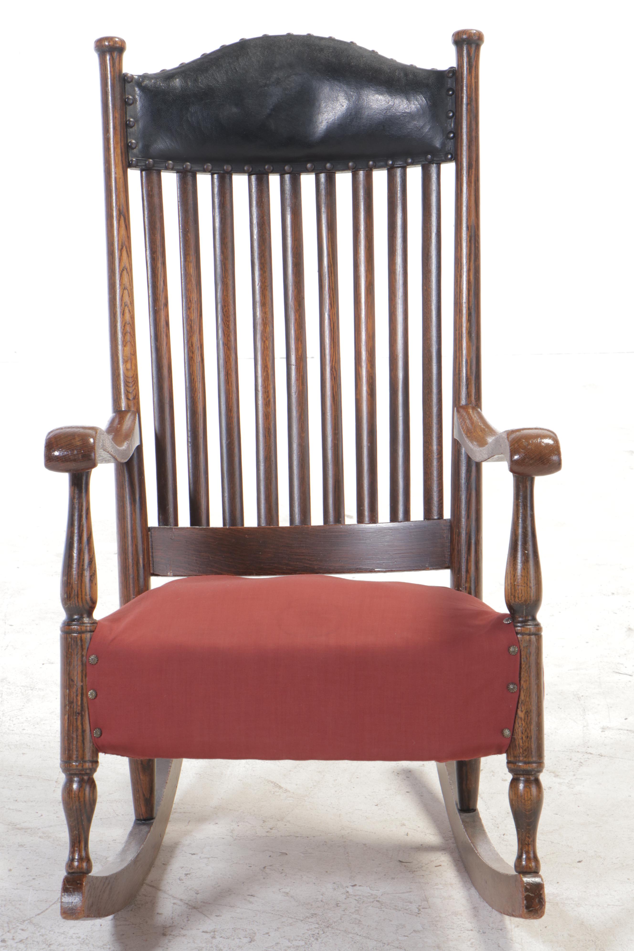 Oak Rocking Chair with Oil-Cloth Upholstered Crest, Early 20th Century