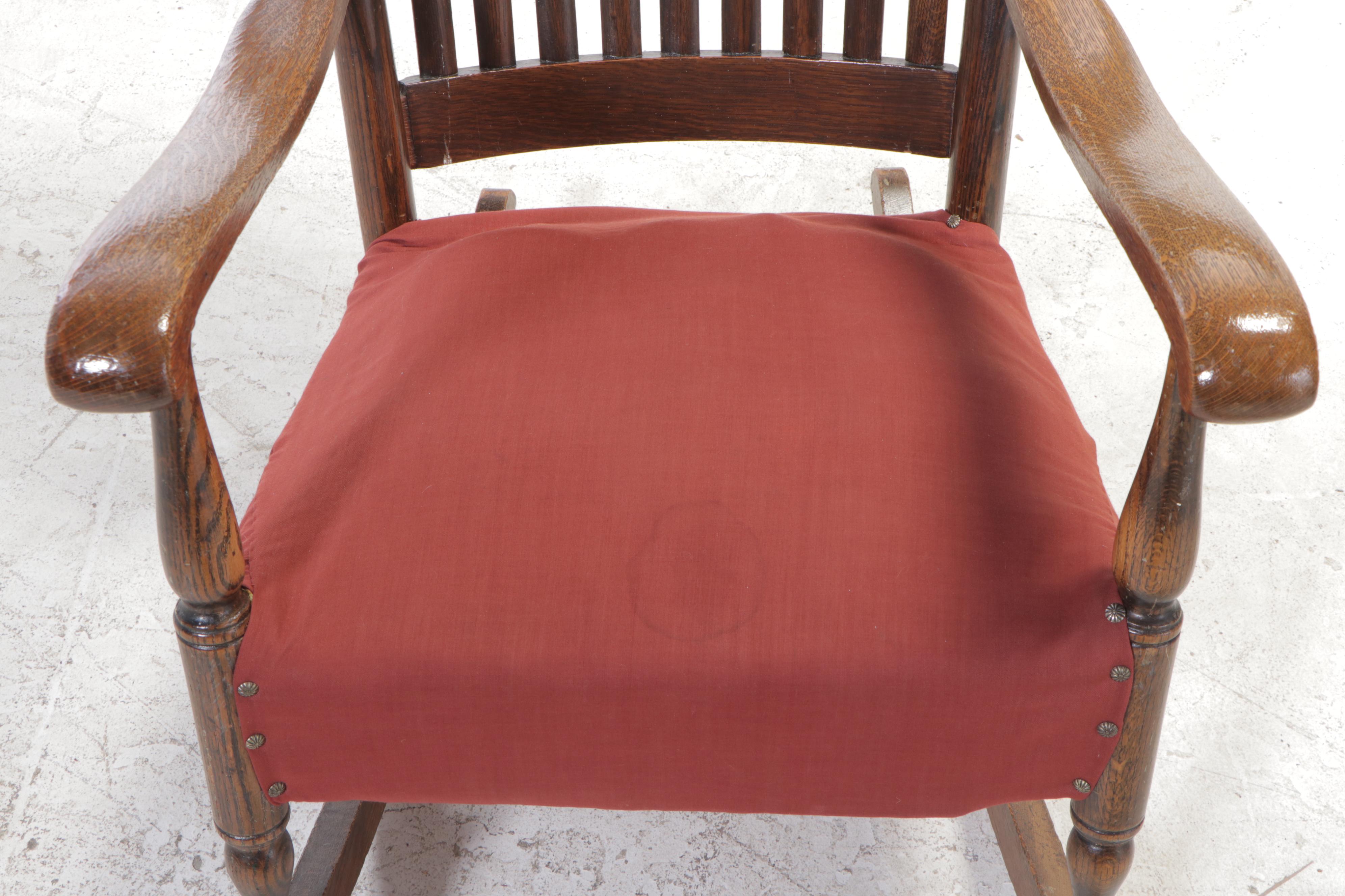 Oak Rocking Chair with Oil-Cloth Upholstered Crest, Early 20th Century