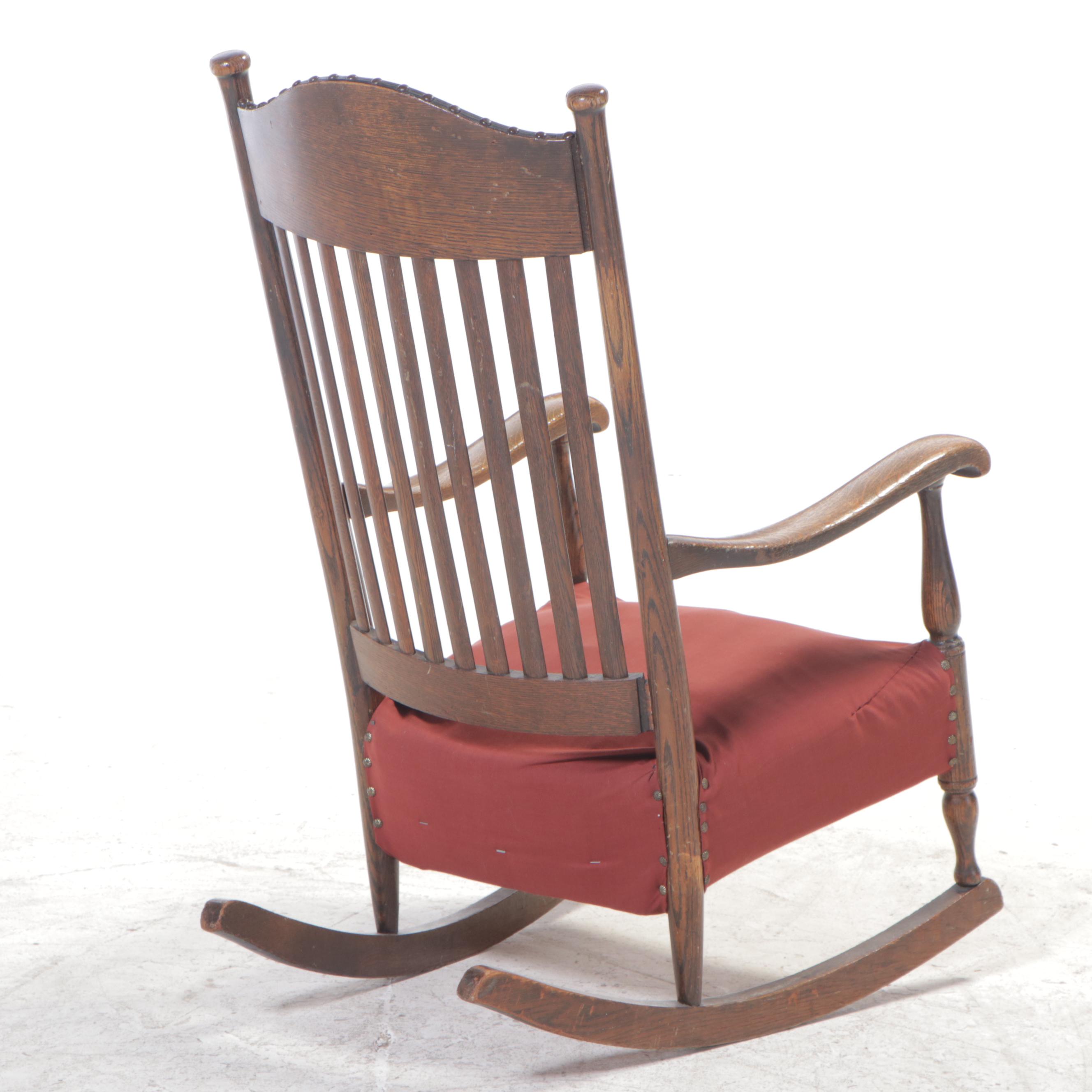 Oak Rocking Chair with Oil-Cloth Upholstered Crest, Early 20th Century