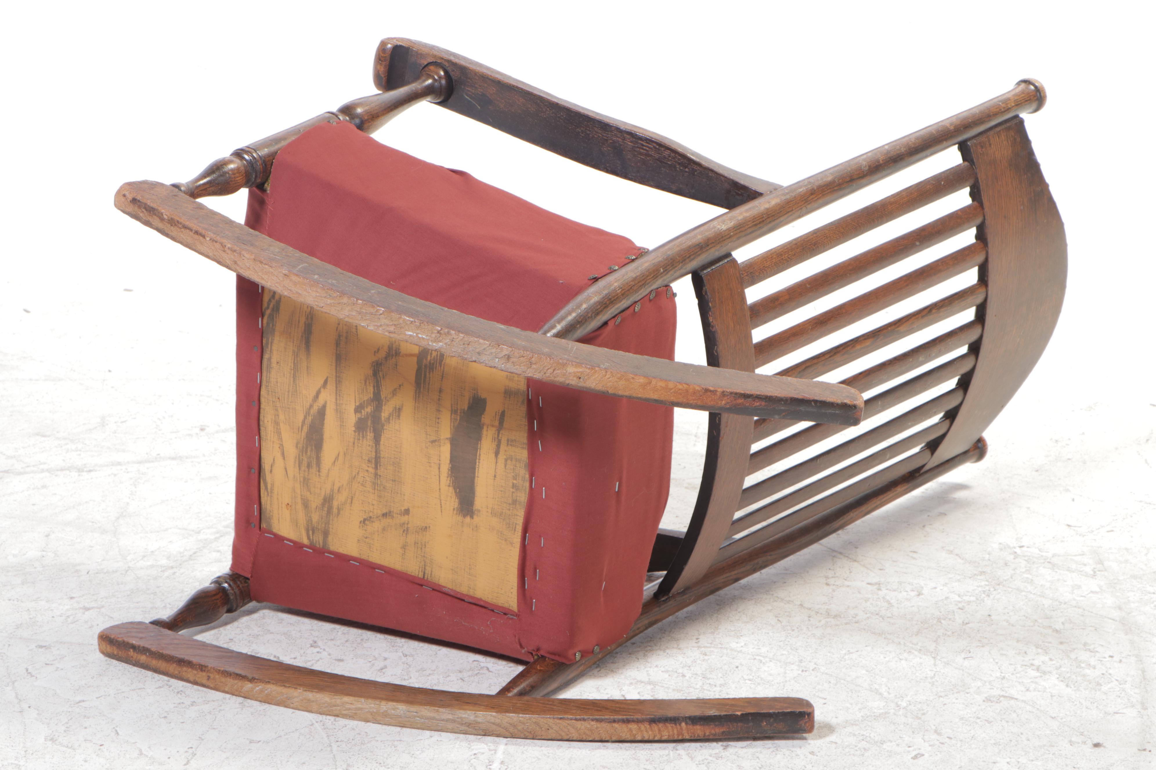Oak Rocking Chair with Oil-Cloth Upholstered Crest, Early 20th Century