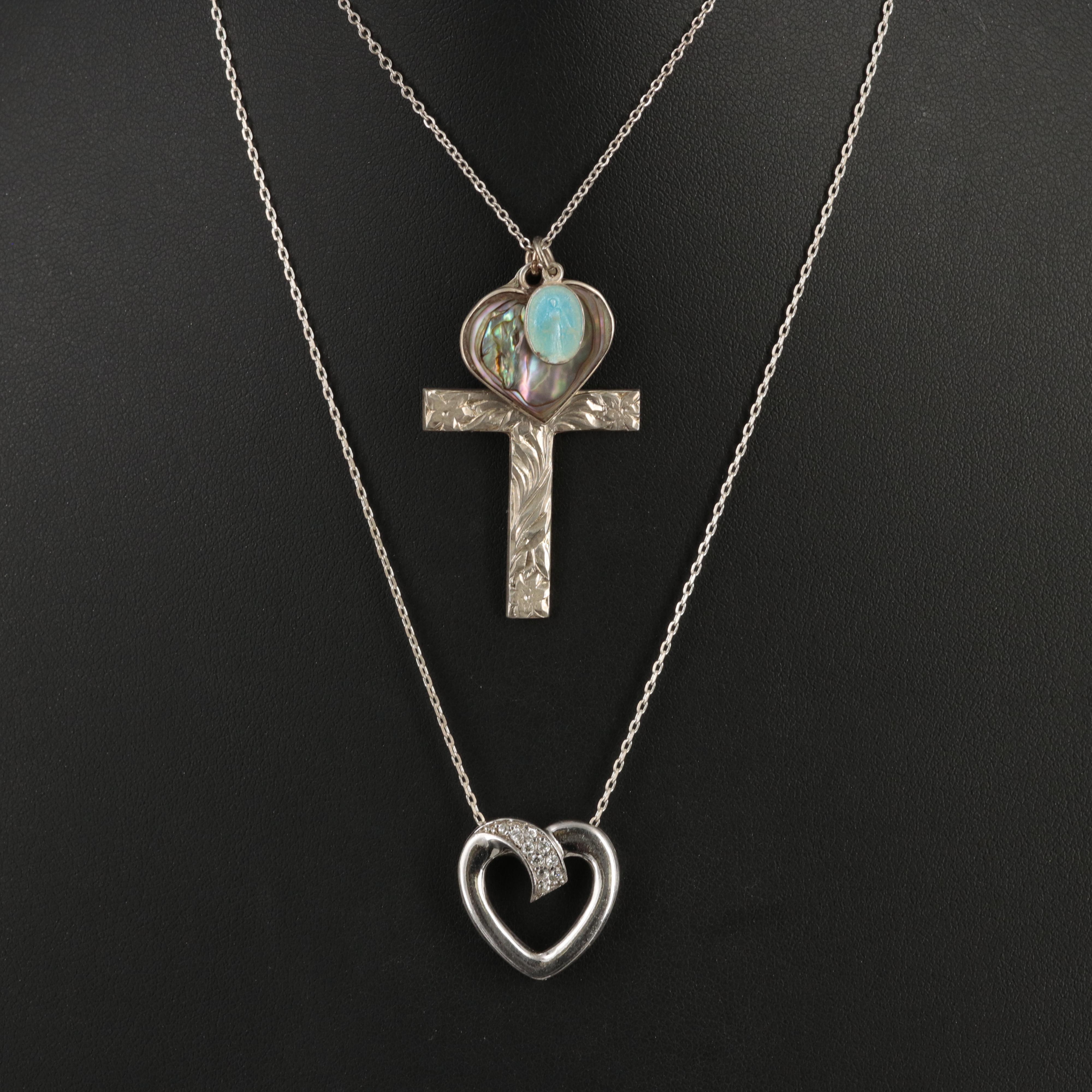Sterling Heart and Cross Necklaces with Abalone and Miraculous Medal