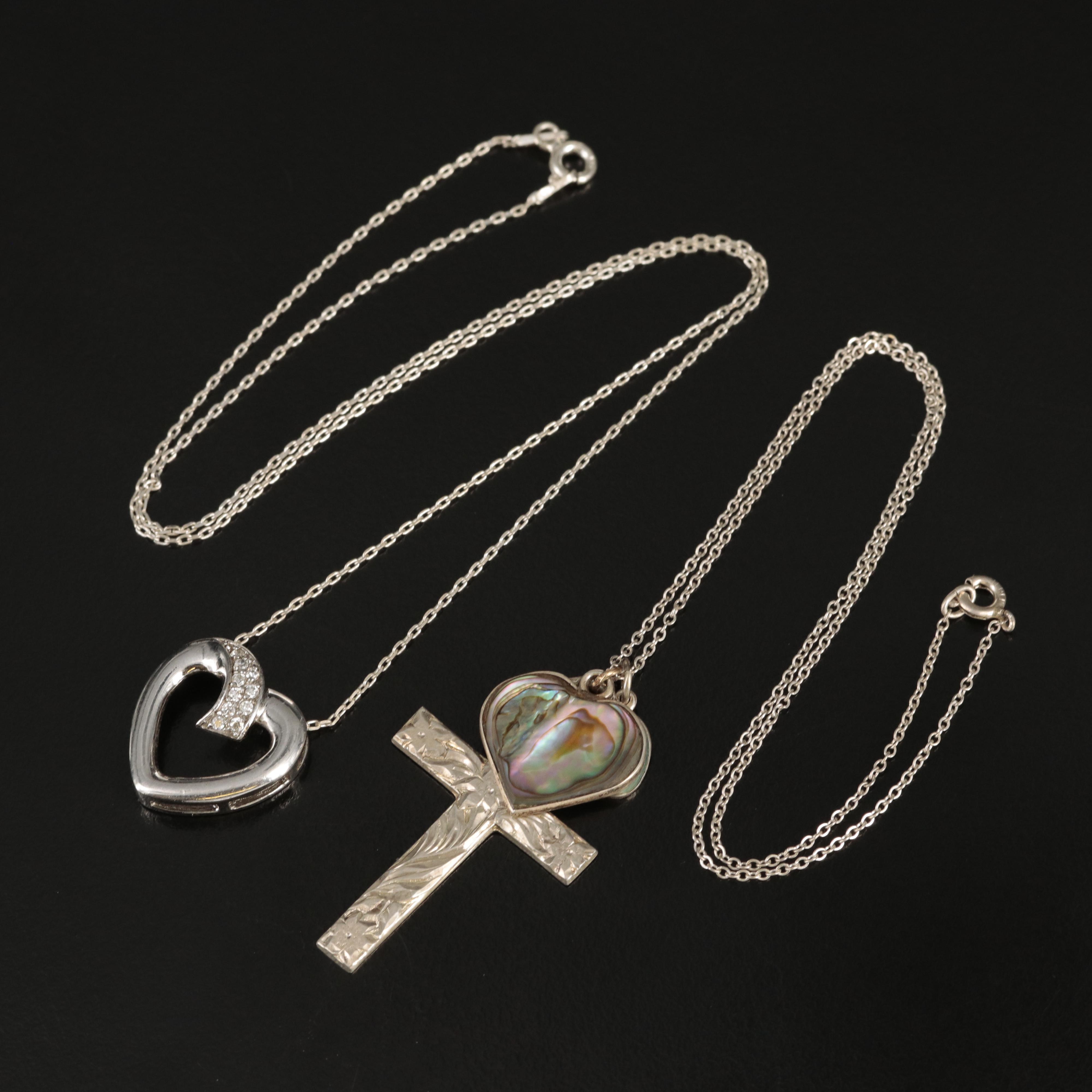 Sterling Heart and Cross Necklaces with Abalone and Miraculous Medal