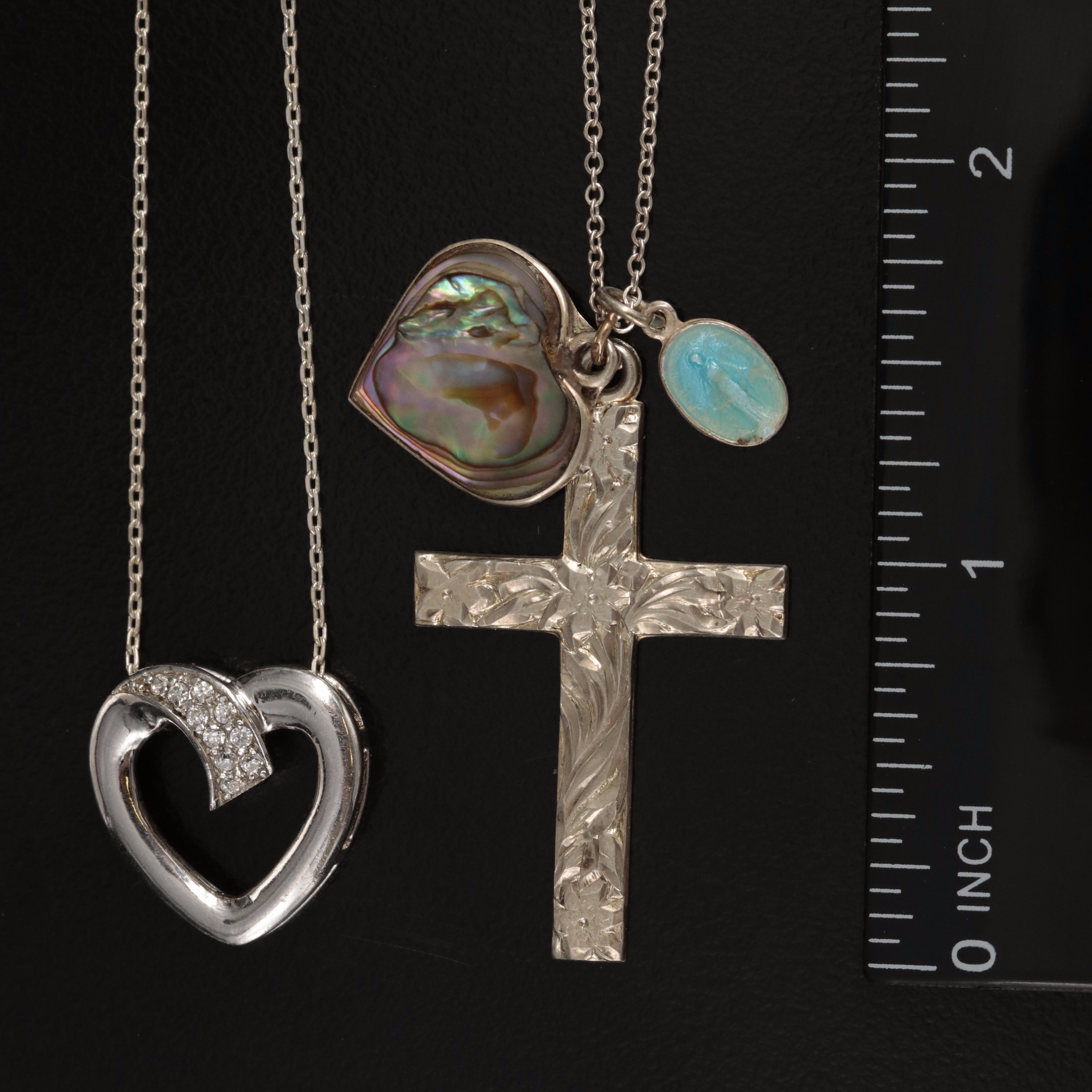 Sterling Heart and Cross Necklaces with Abalone and Miraculous Medal