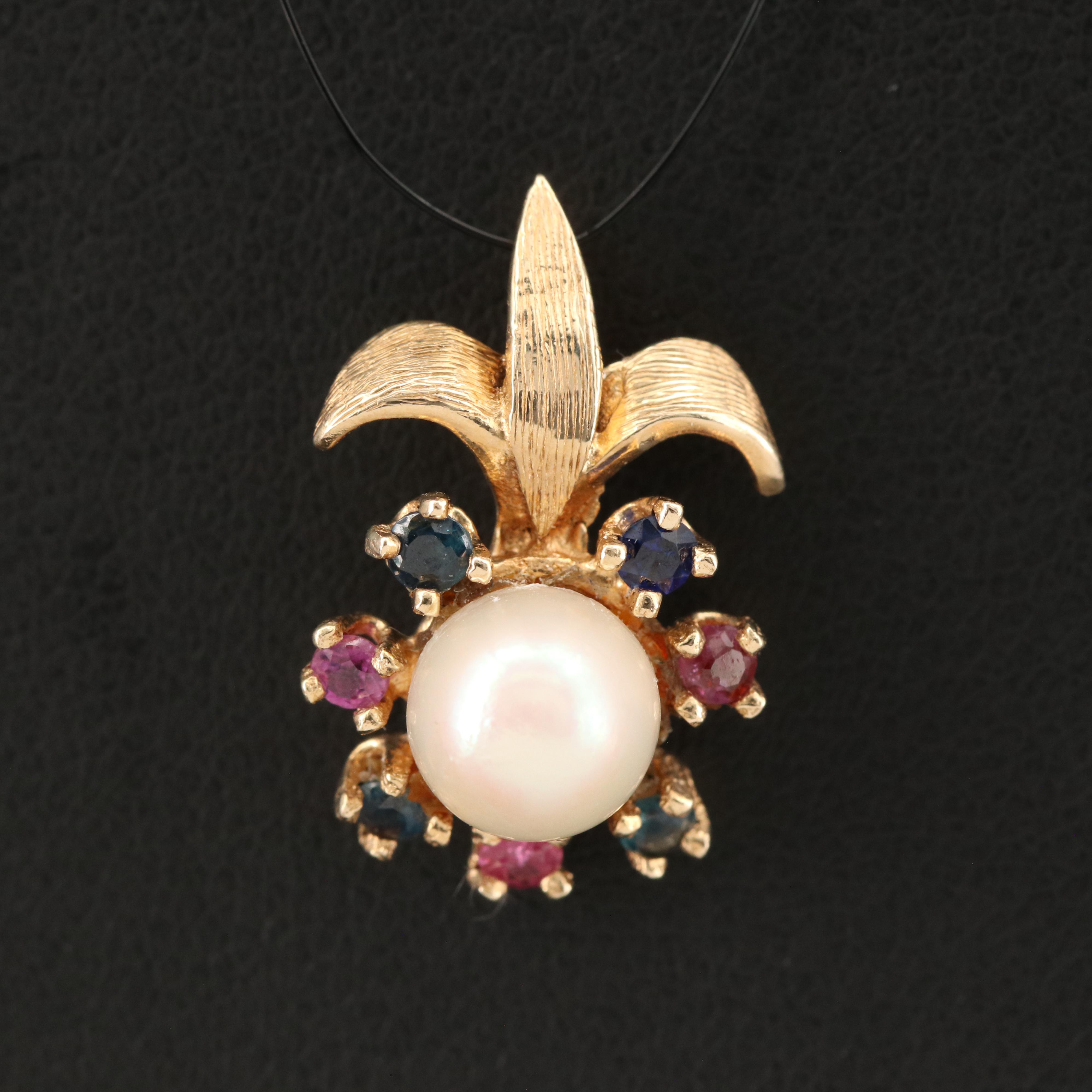 14K Pearl, Sapphire and Ruby Fleur de Lis Pendant