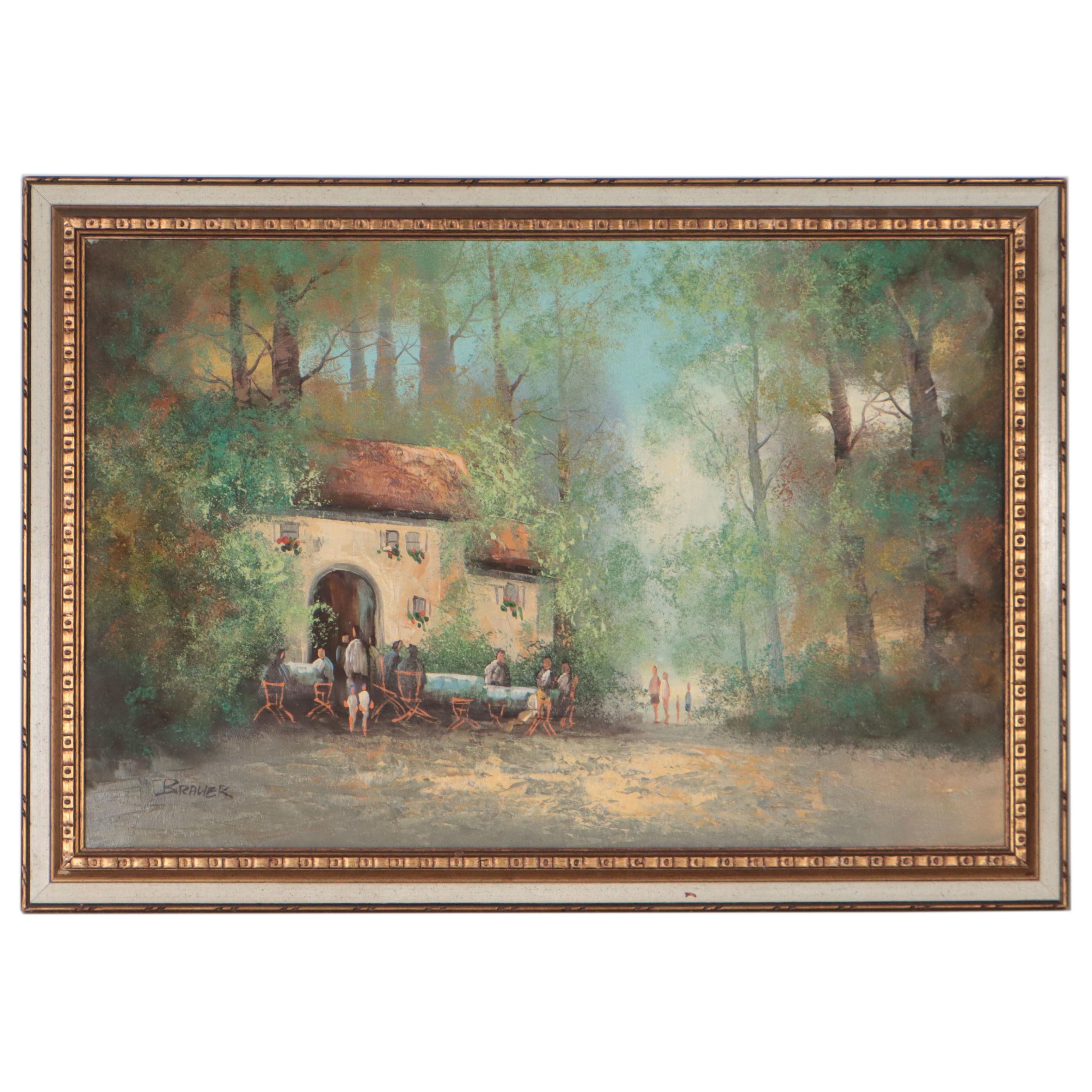 Brauer Oil Painting of Forest Cafe, Late 20th Century