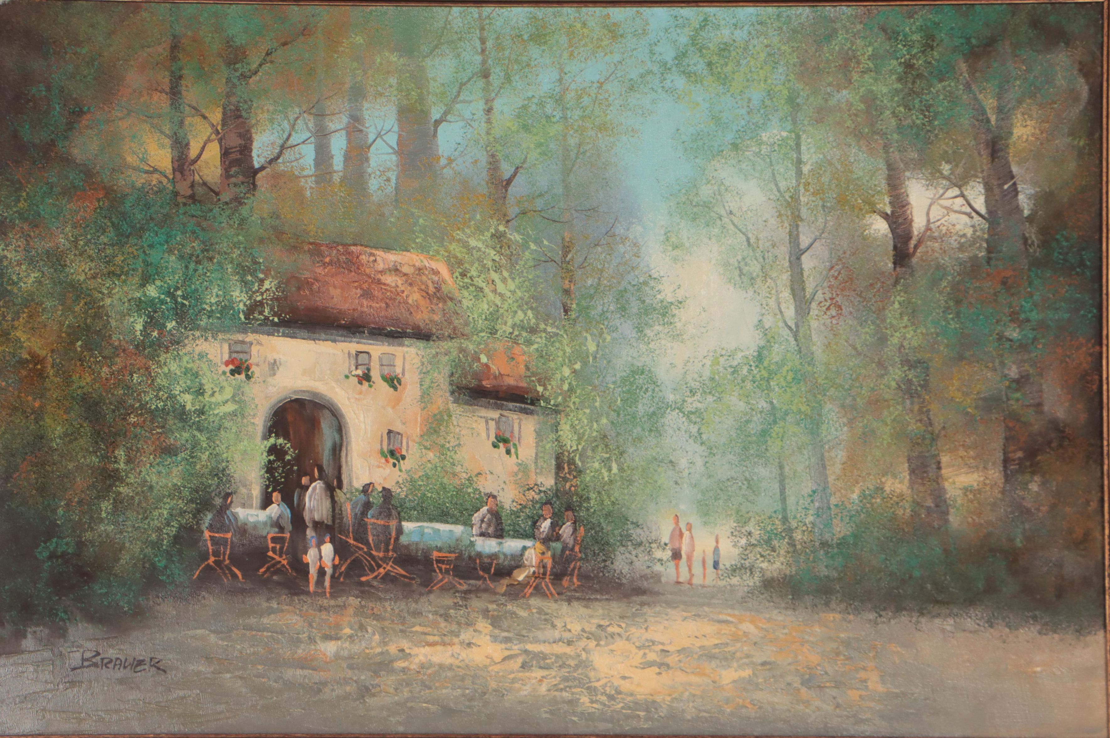 Brauer Oil Painting of Forest Cafe, Late 20th Century