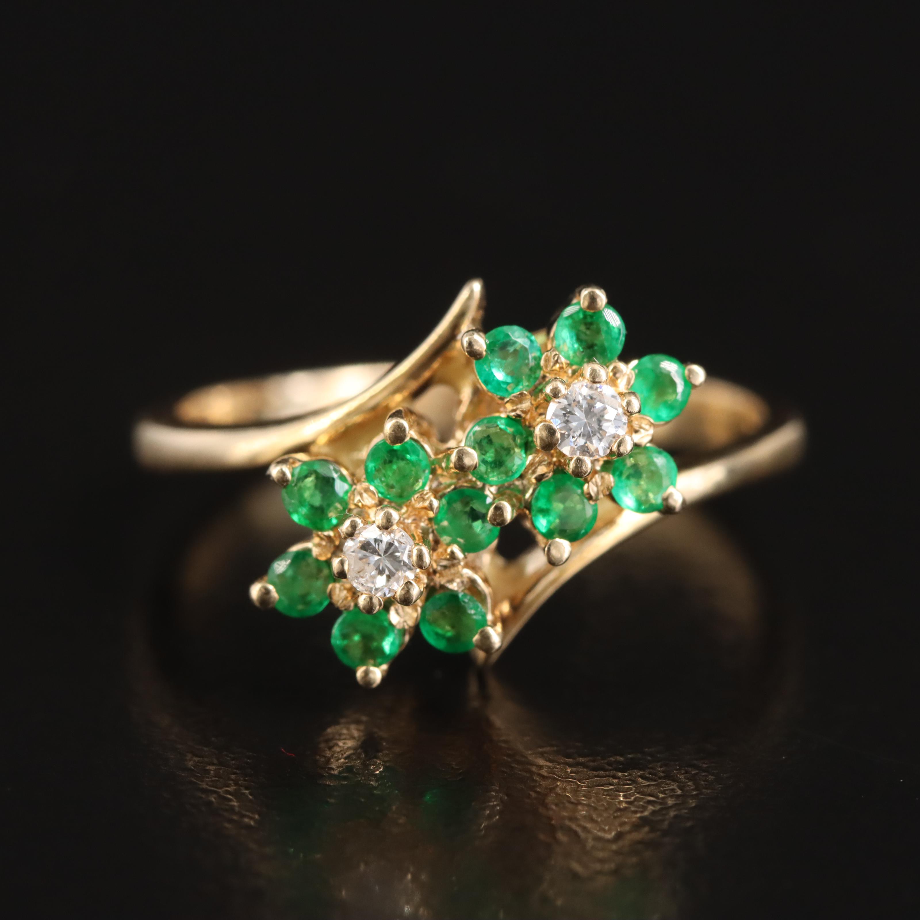 14K Diamond and Emerald Flower Bypass Ring