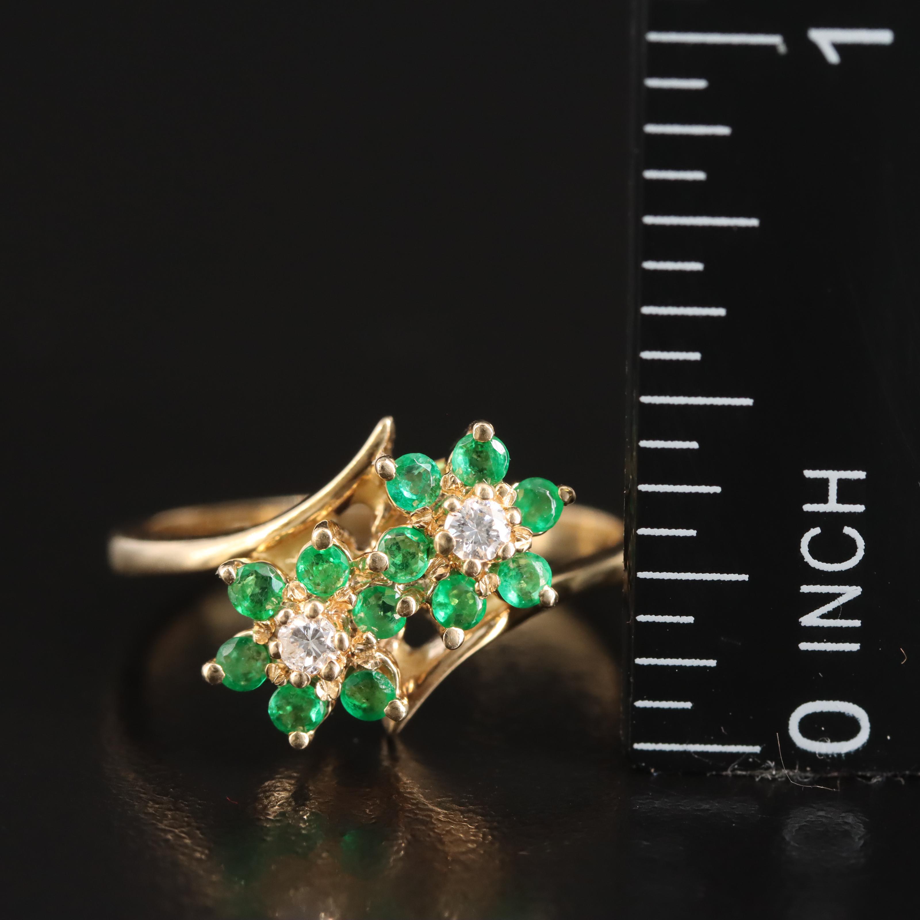 14K Diamond and Emerald Flower Bypass Ring
