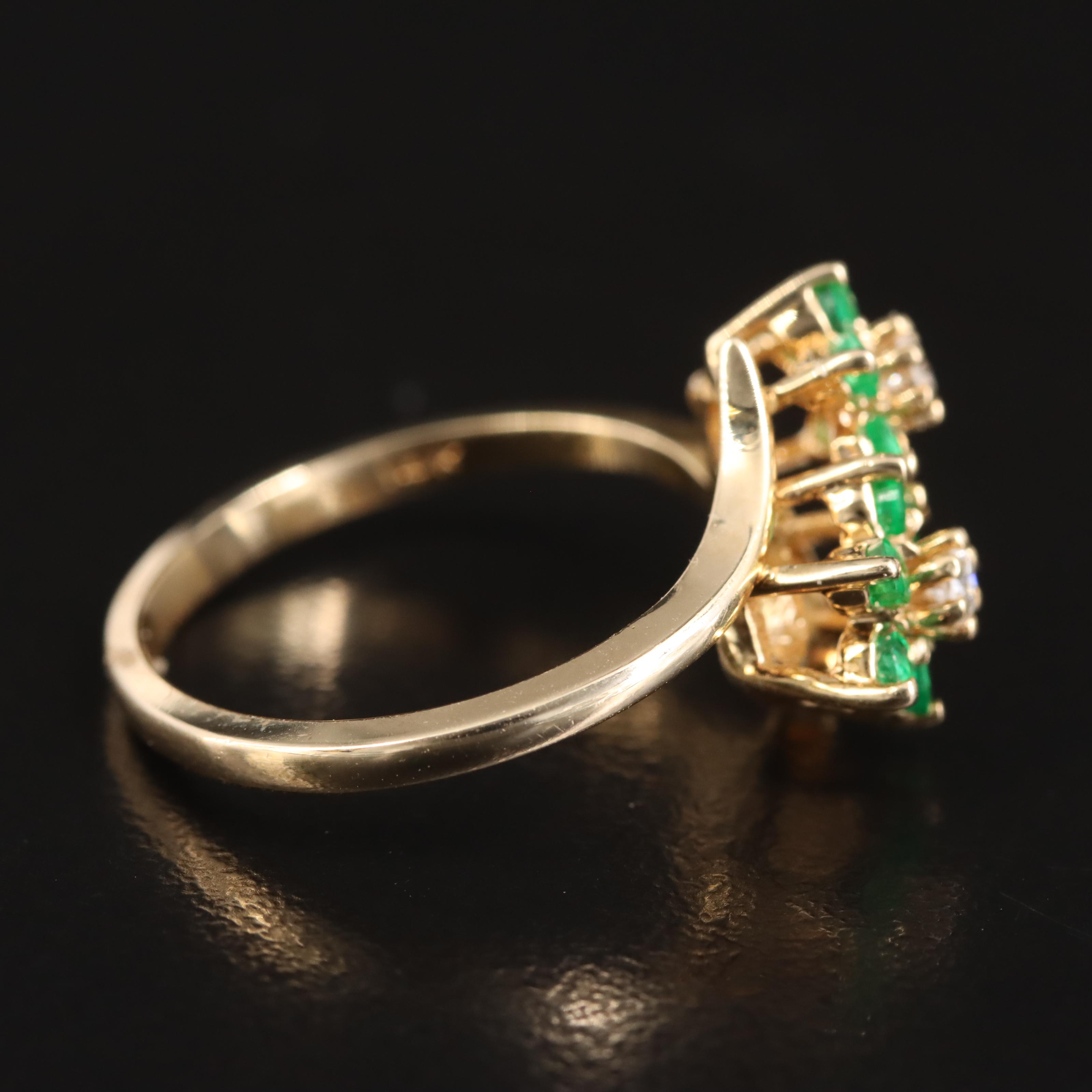 14K Diamond and Emerald Flower Bypass Ring