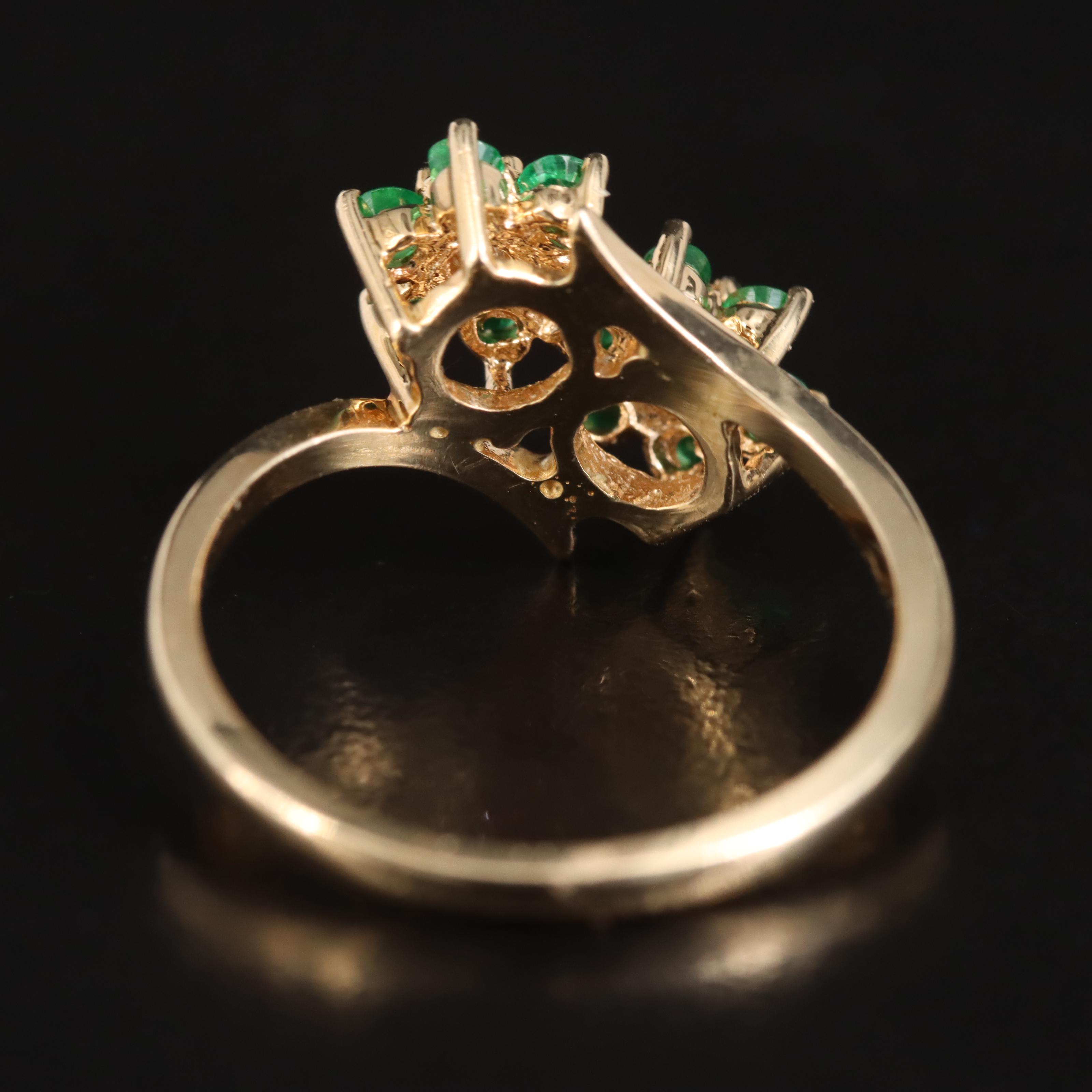 14K Diamond and Emerald Flower Bypass Ring