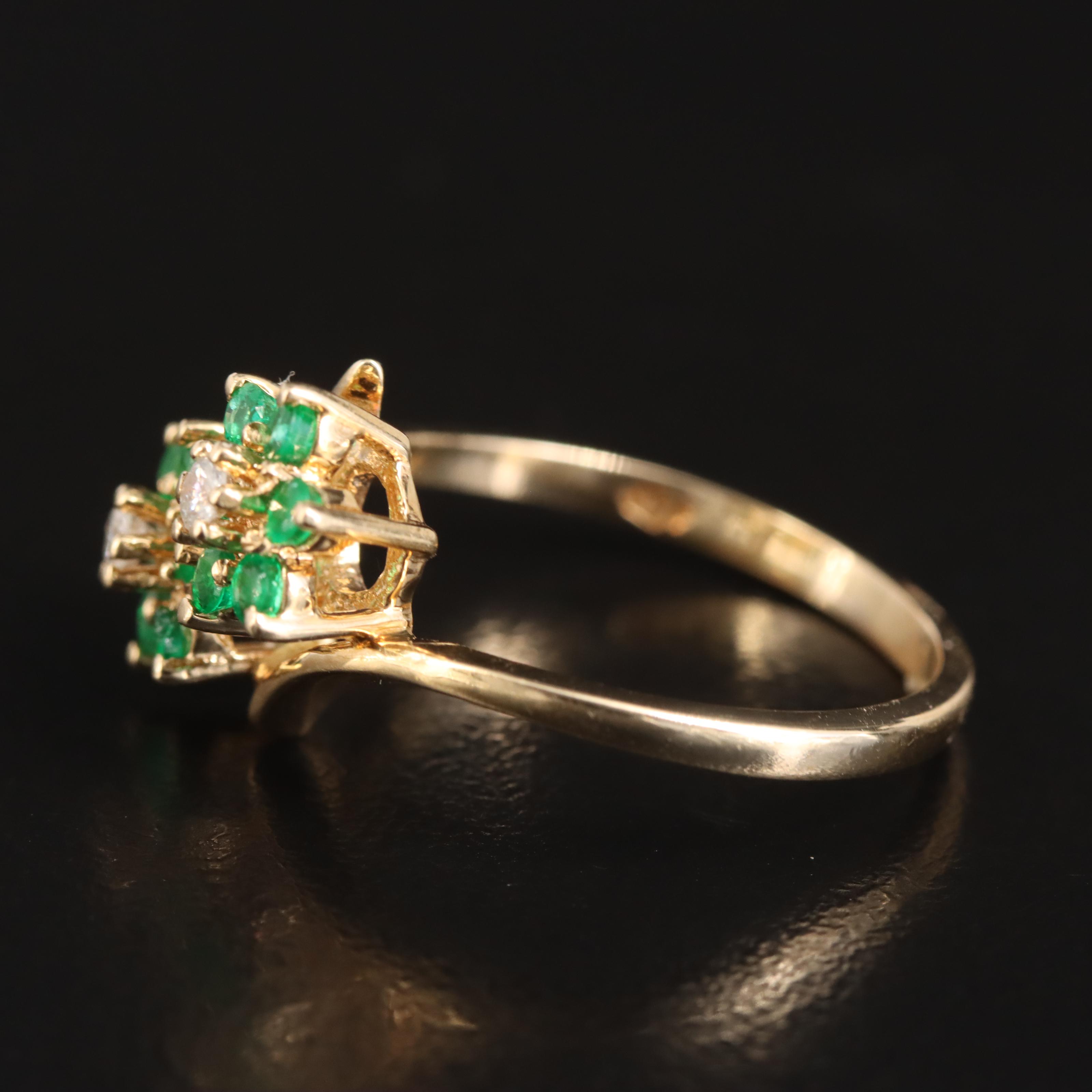 14K Diamond and Emerald Flower Bypass Ring