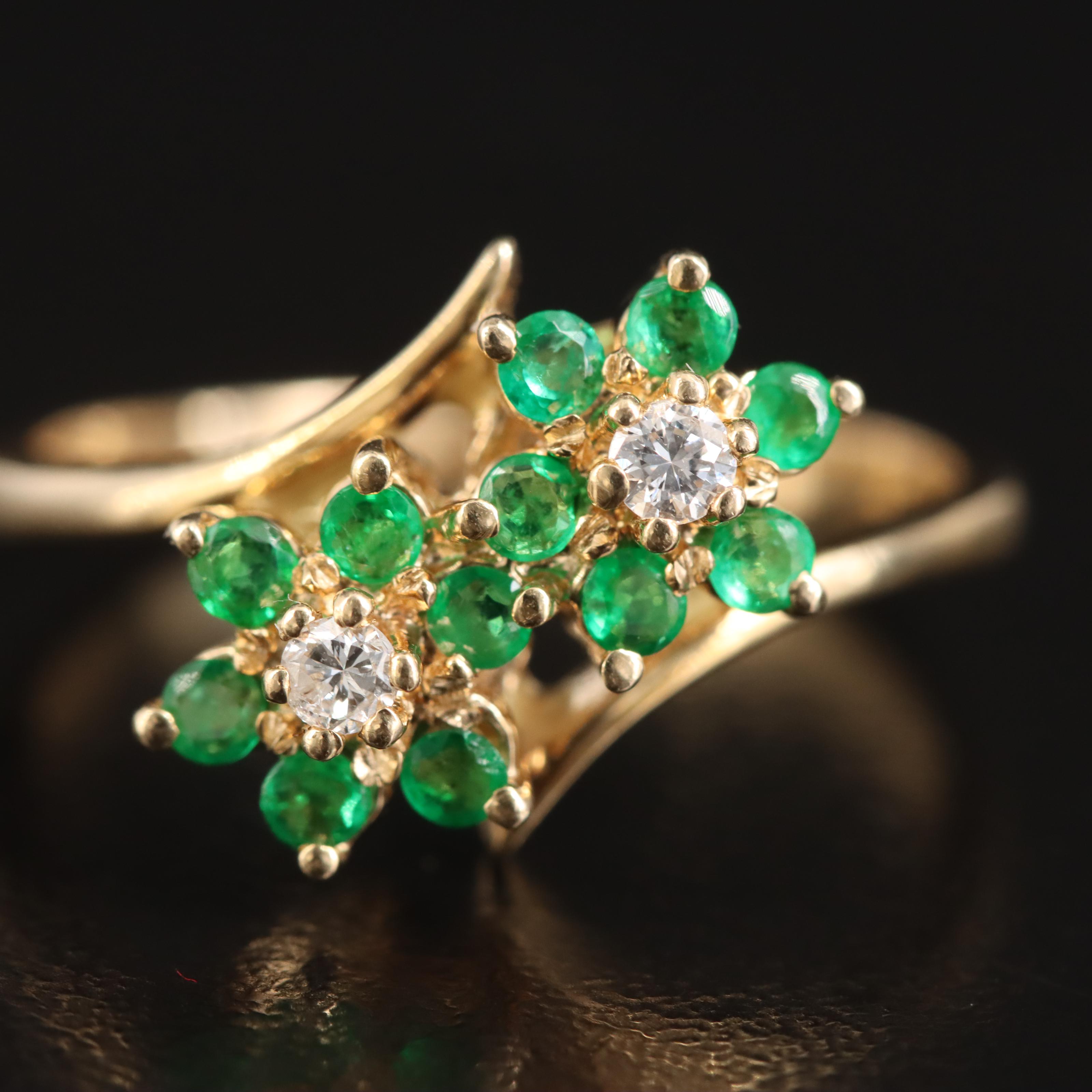 14K Diamond and Emerald Flower Bypass Ring
