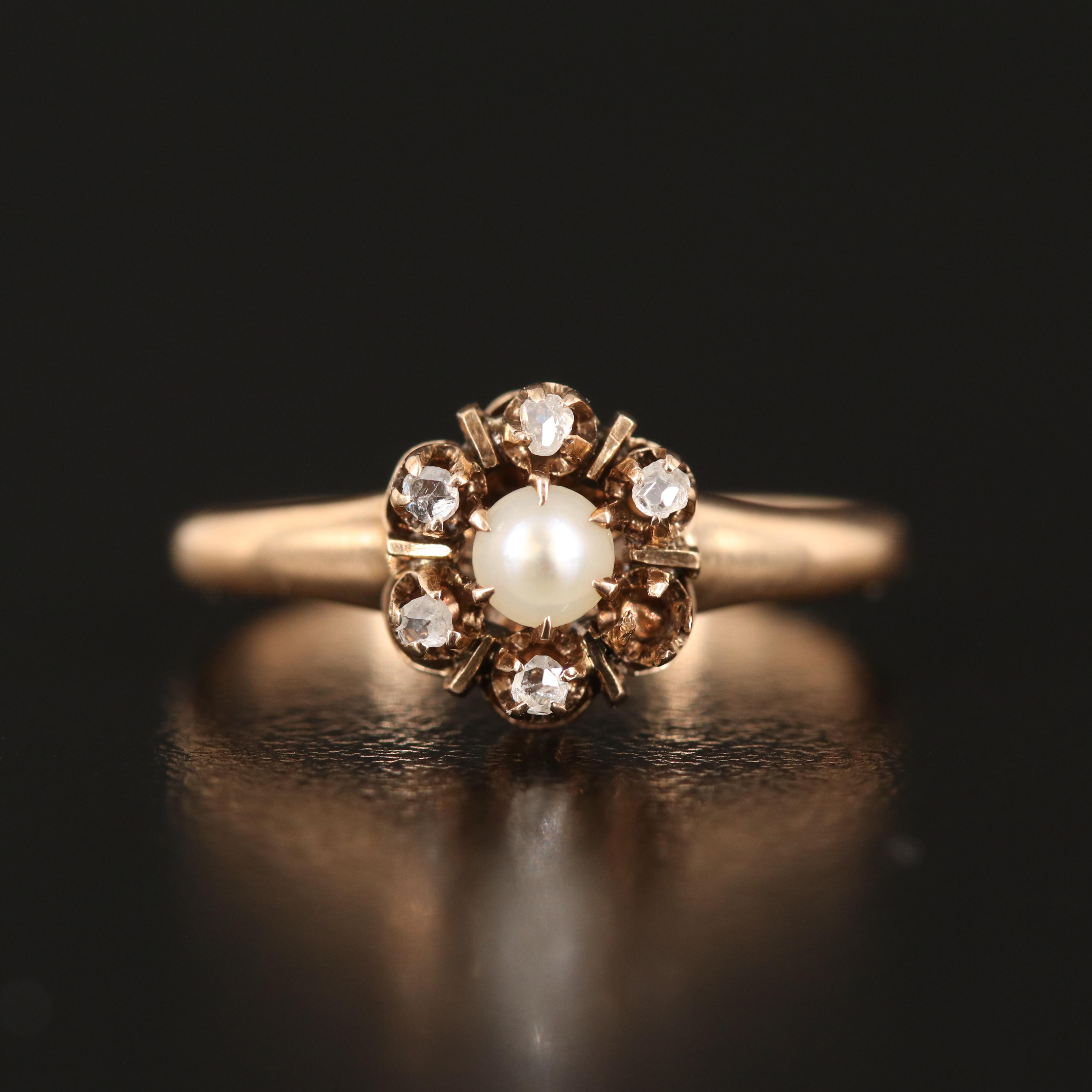 Antique 10K Pearl and Diamond  Buttercup Set Ring