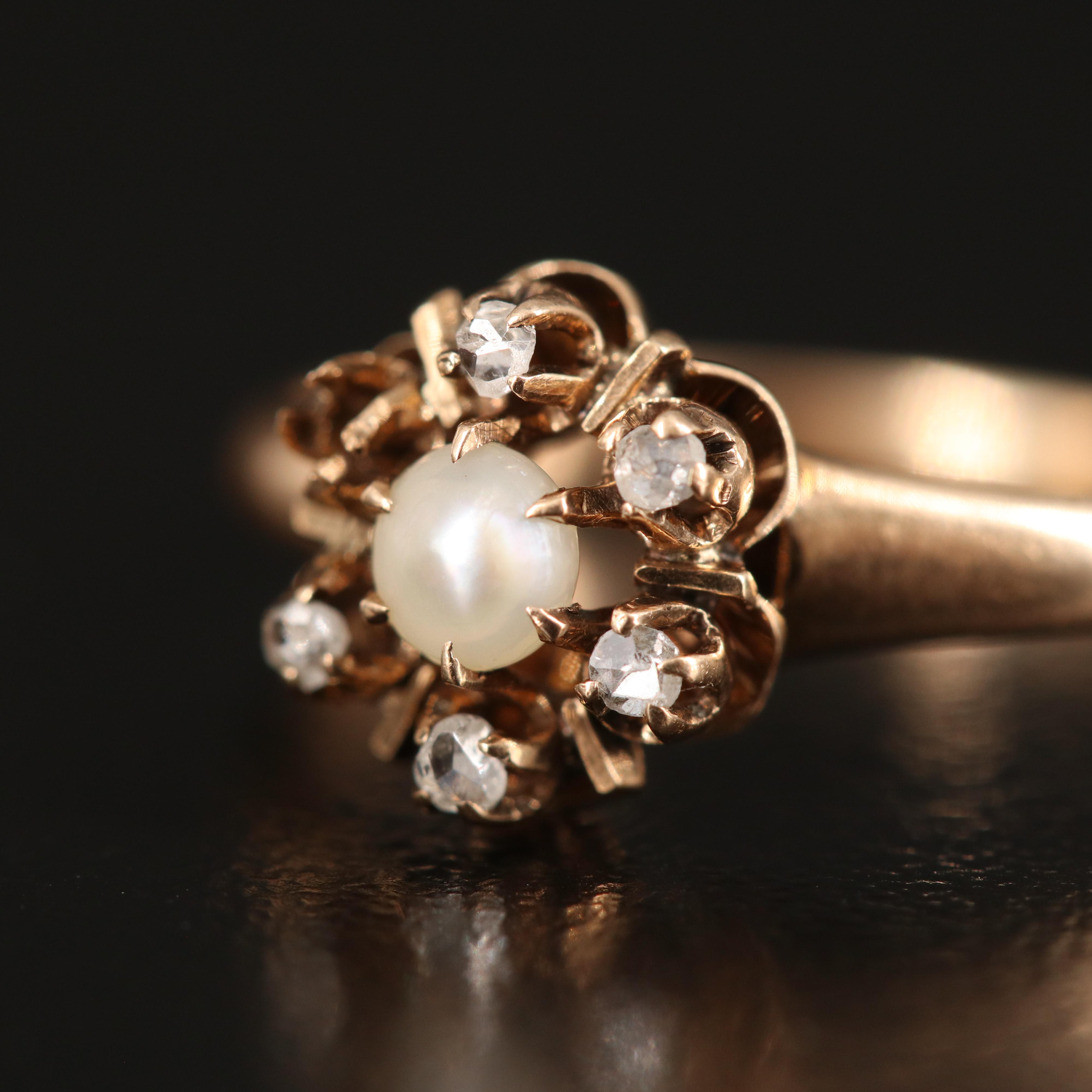 Antique 10K Pearl and Diamond  Buttercup Set Ring