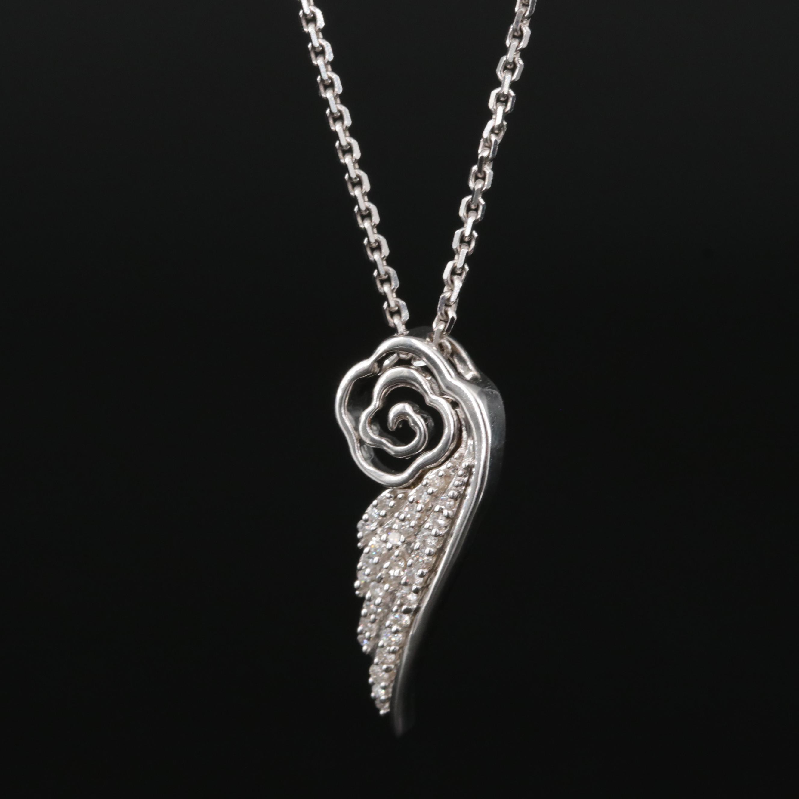 Sterling Diamond Rose and Wing Pendant Necklace