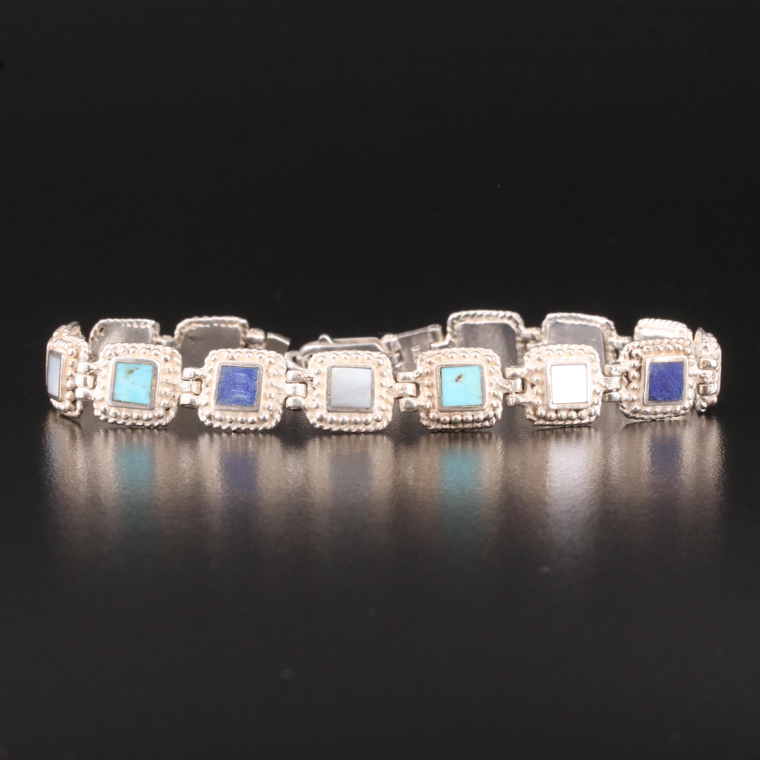 Sterling Panel Bracelet with Turquoise, Mother-of-Pearl and Lapis Lazuli