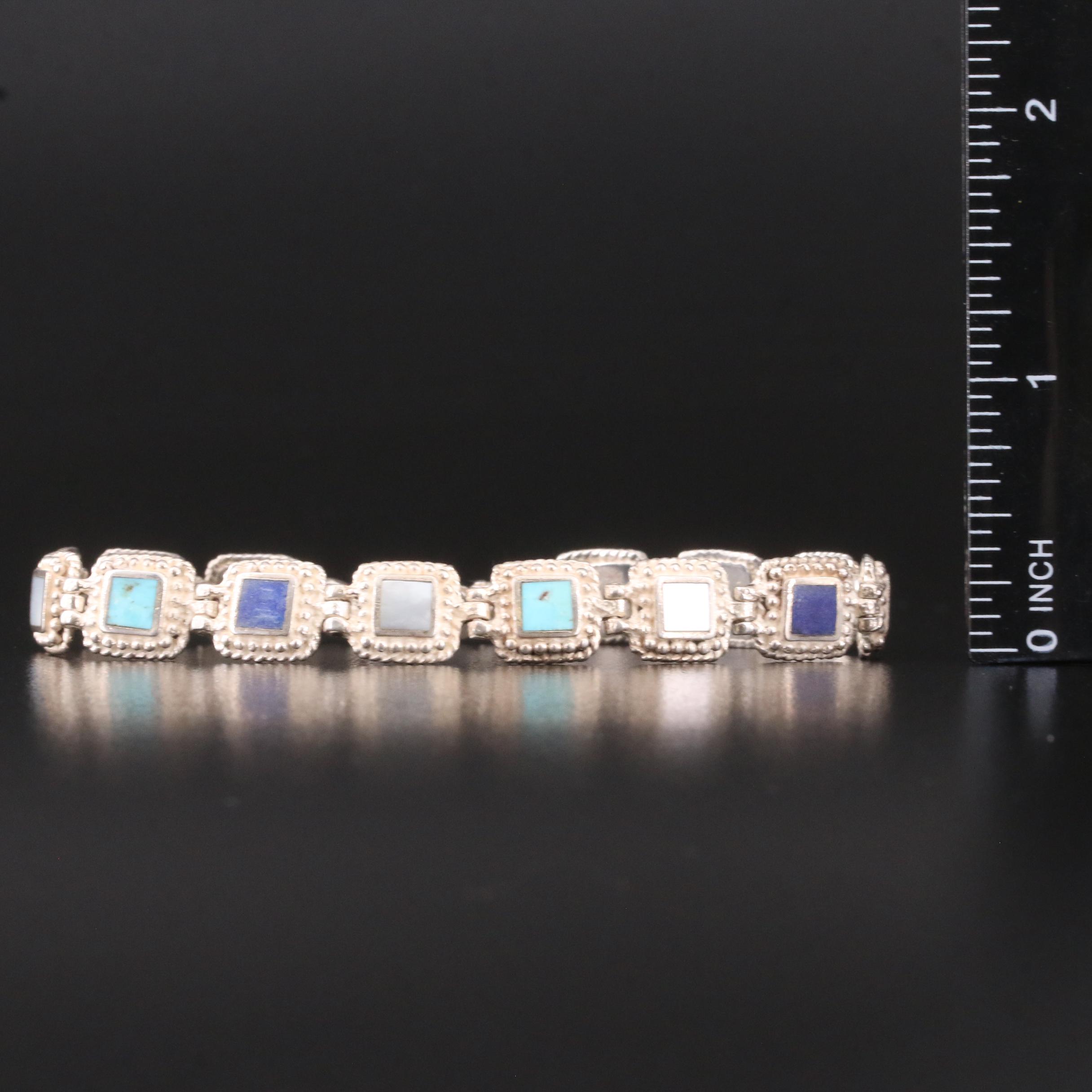 Sterling Panel Bracelet with Turquoise, Mother-of-Pearl and Lapis Lazuli