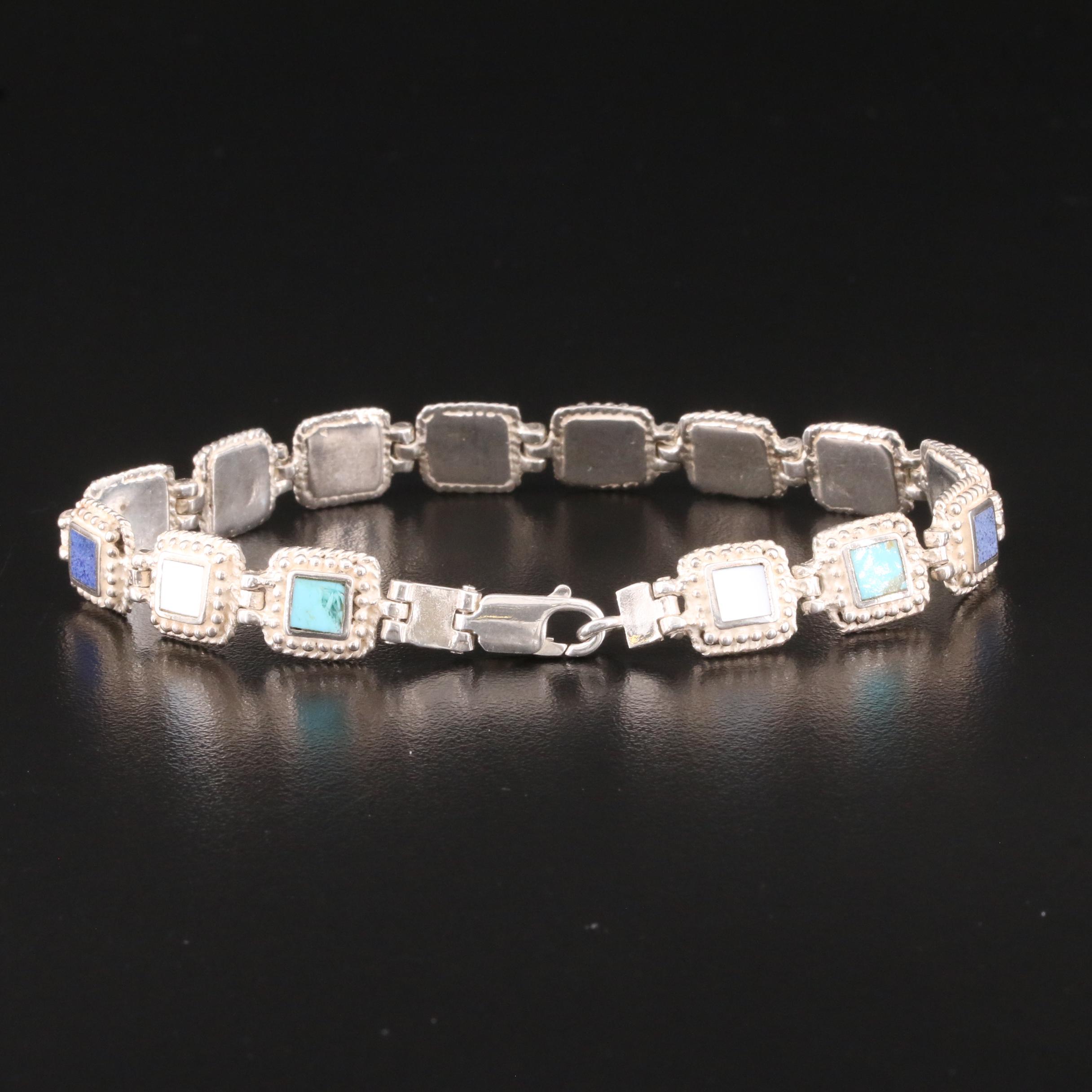 Sterling Panel Bracelet with Turquoise, Mother-of-Pearl and Lapis Lazuli