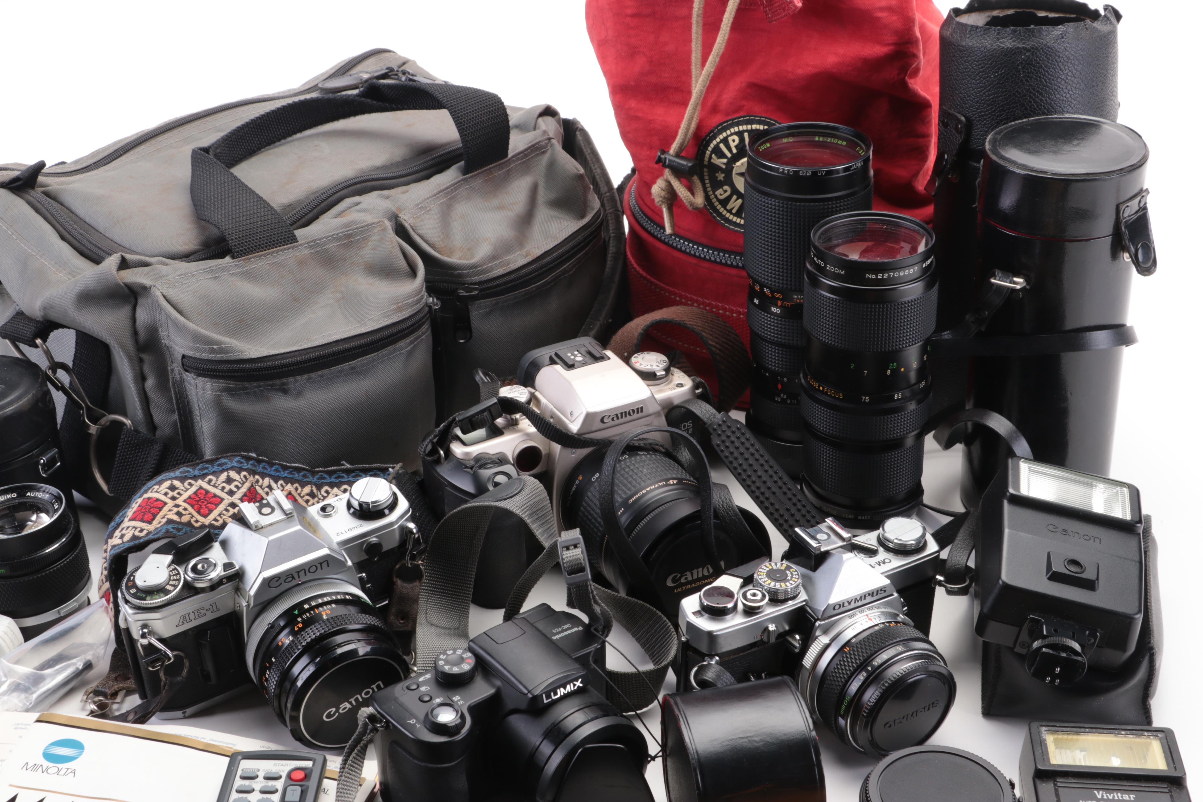 Canon EOS Elan II and Other Cameras with Lens and Accessory Collection