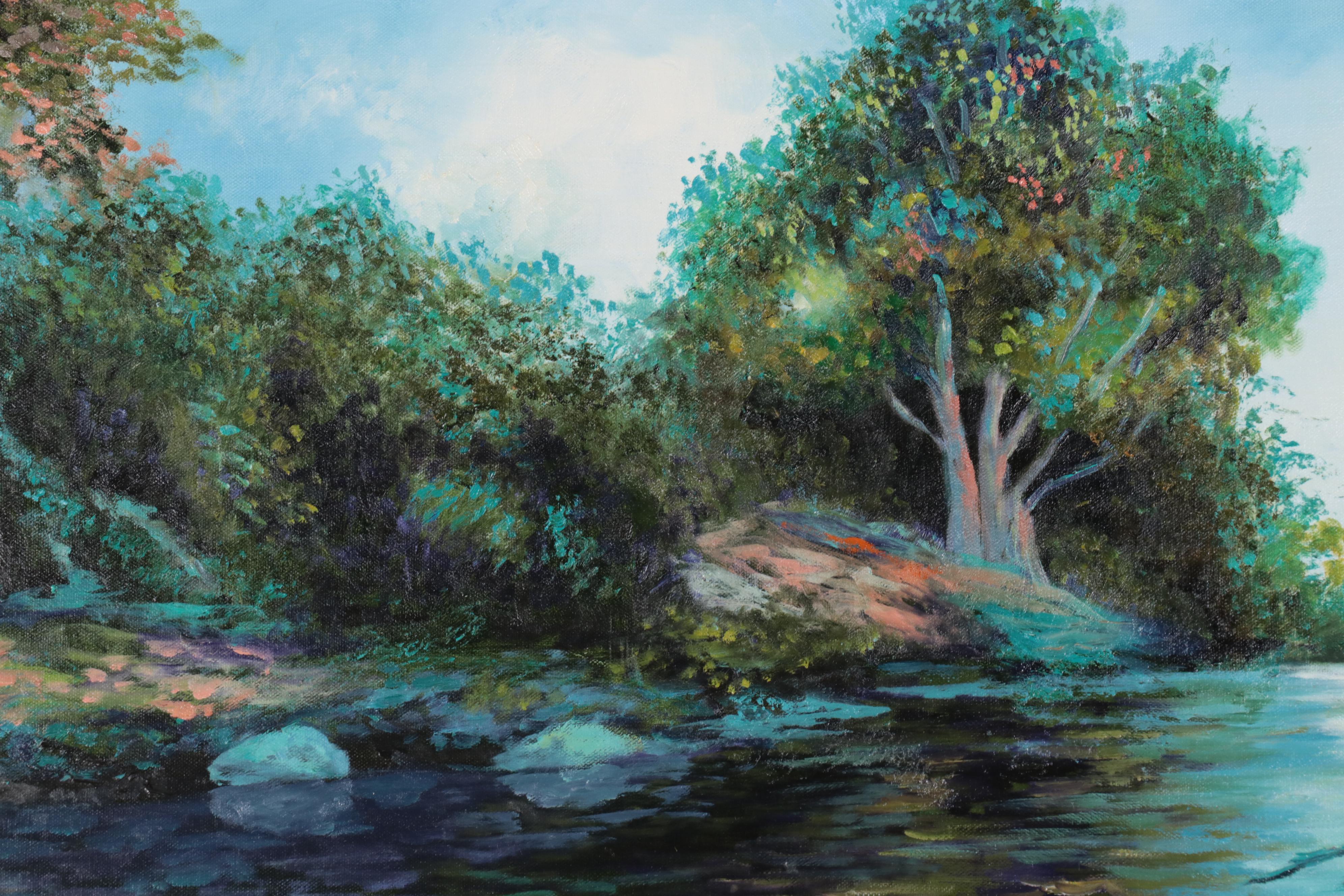 Peggy Oil Painting of Forest River, Late 20th Century