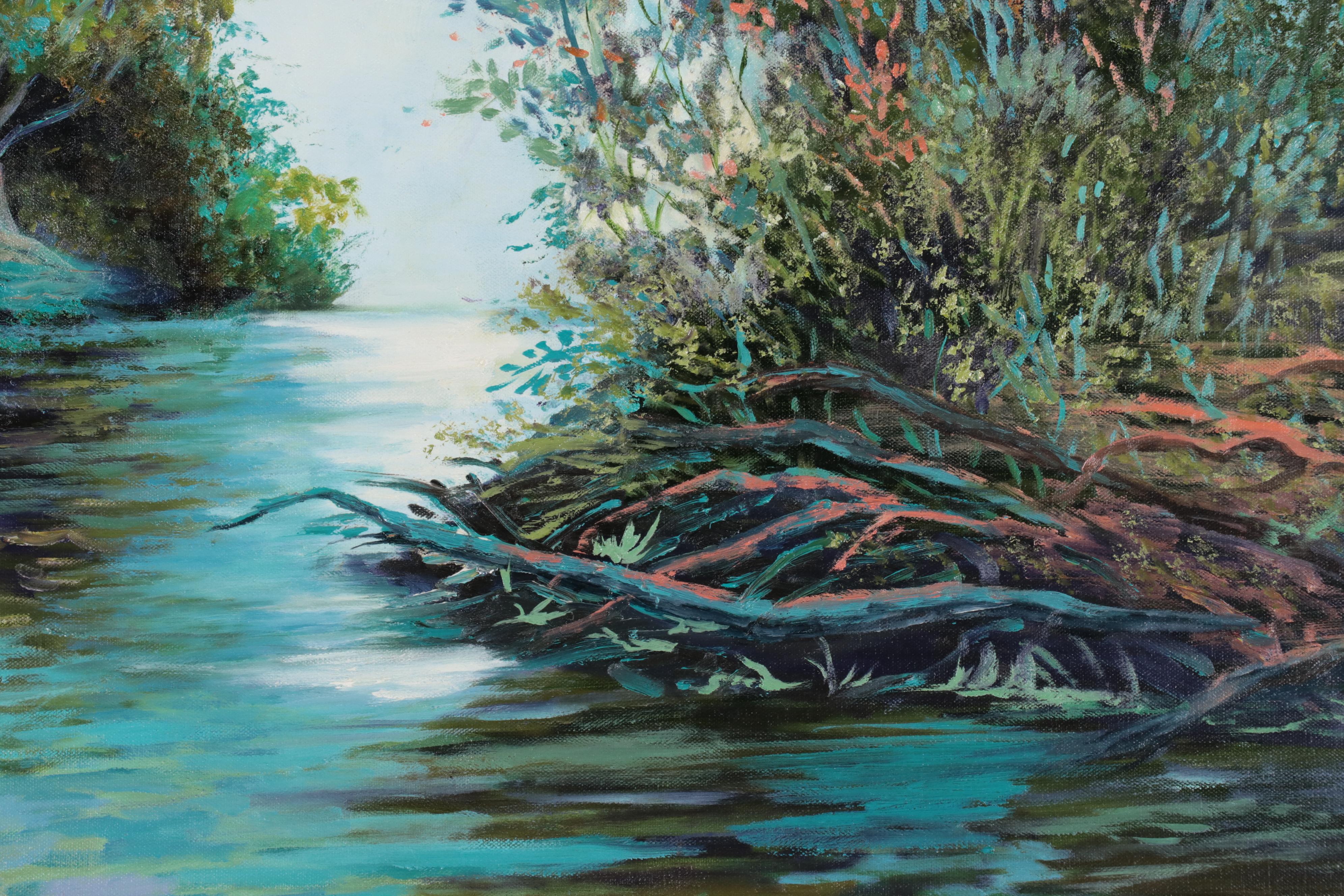 Peggy Oil Painting of Forest River, Late 20th Century