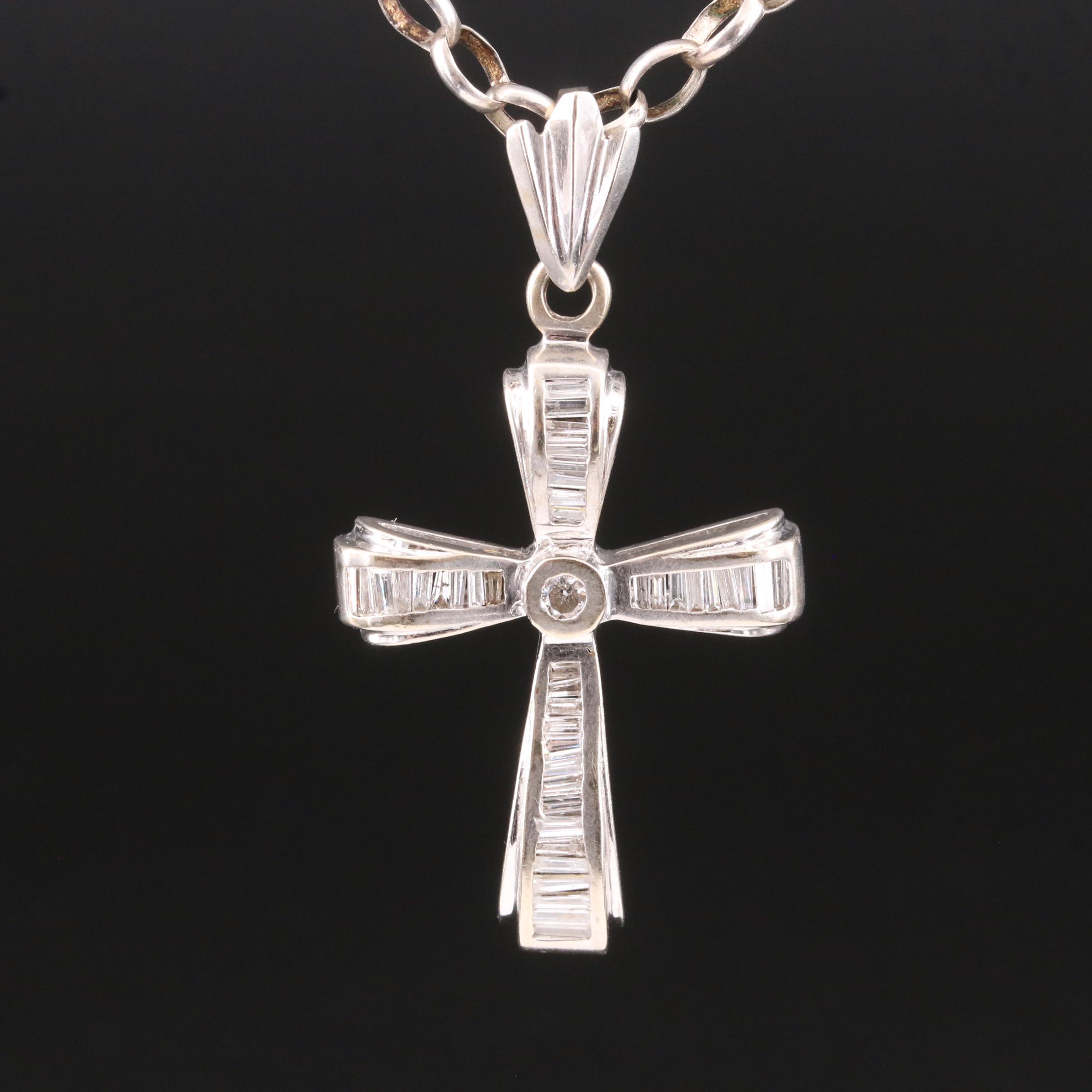 14K 0.86 CTW Diamond Cross on Sterling Chain