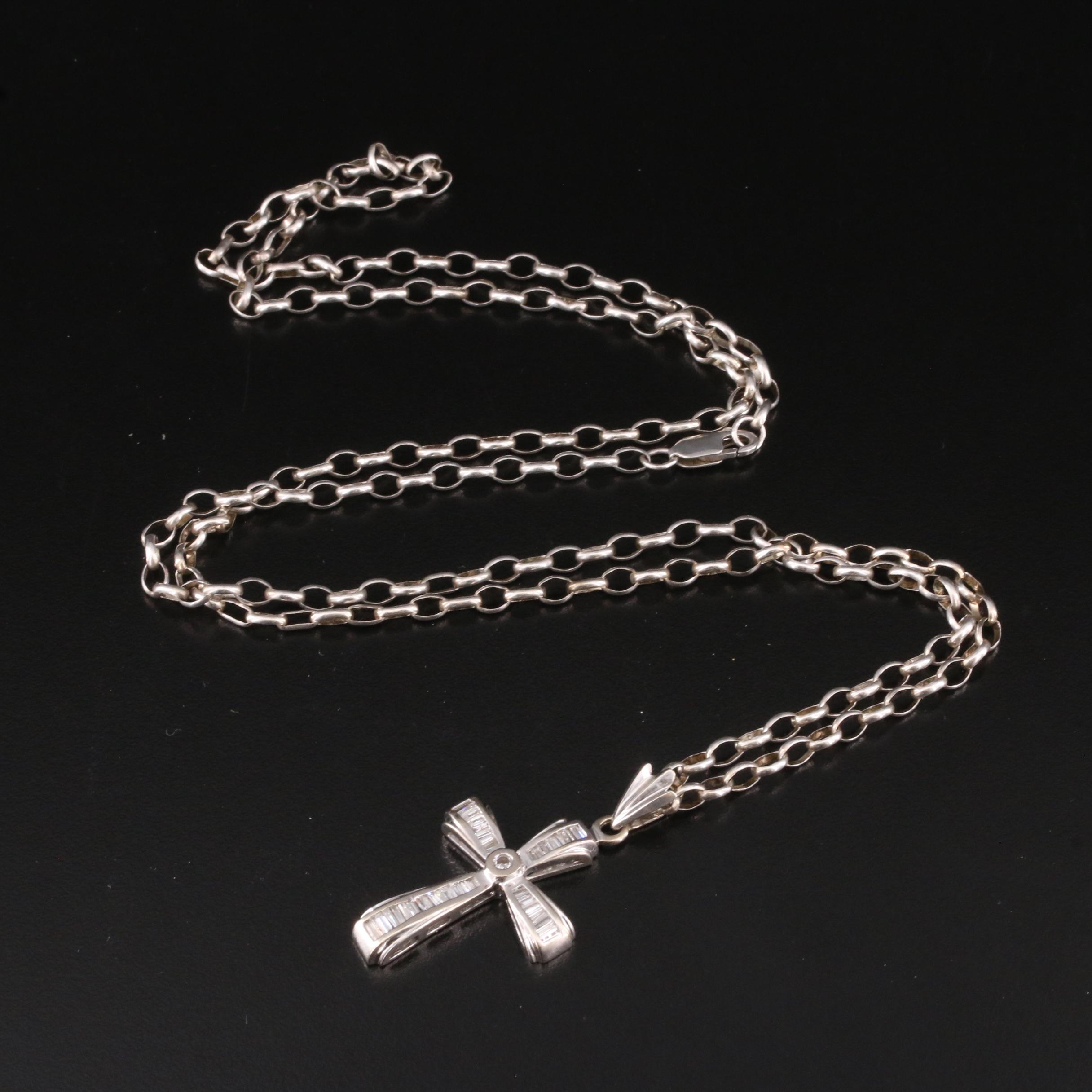 14K 0.86 CTW Diamond Cross on Sterling Chain