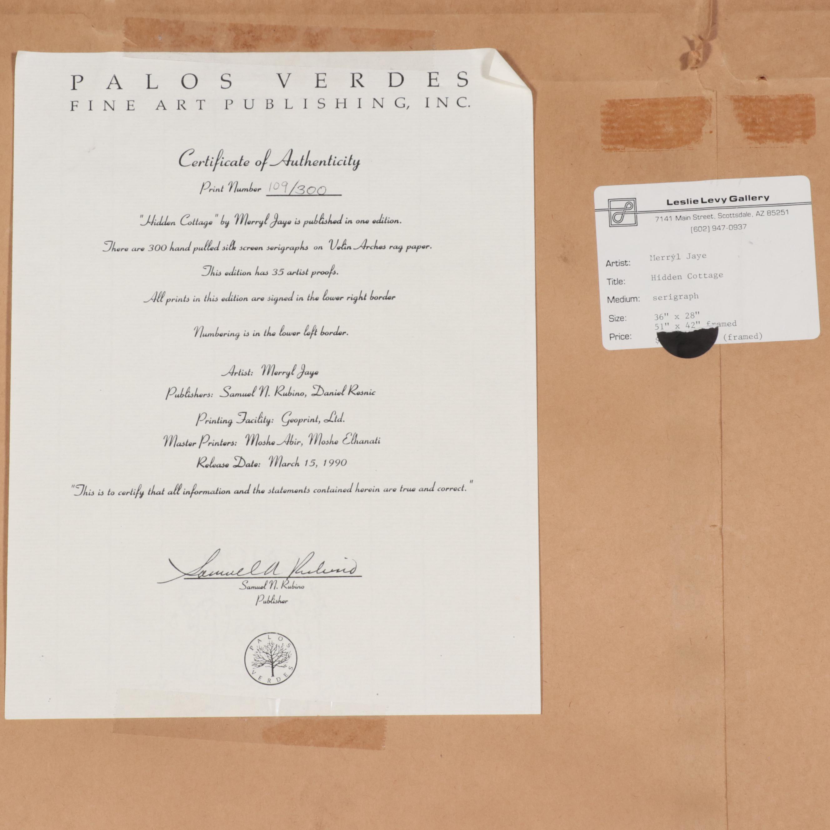 Merryl Jaye Serigraph "Hidden Cottage," Circa 1990