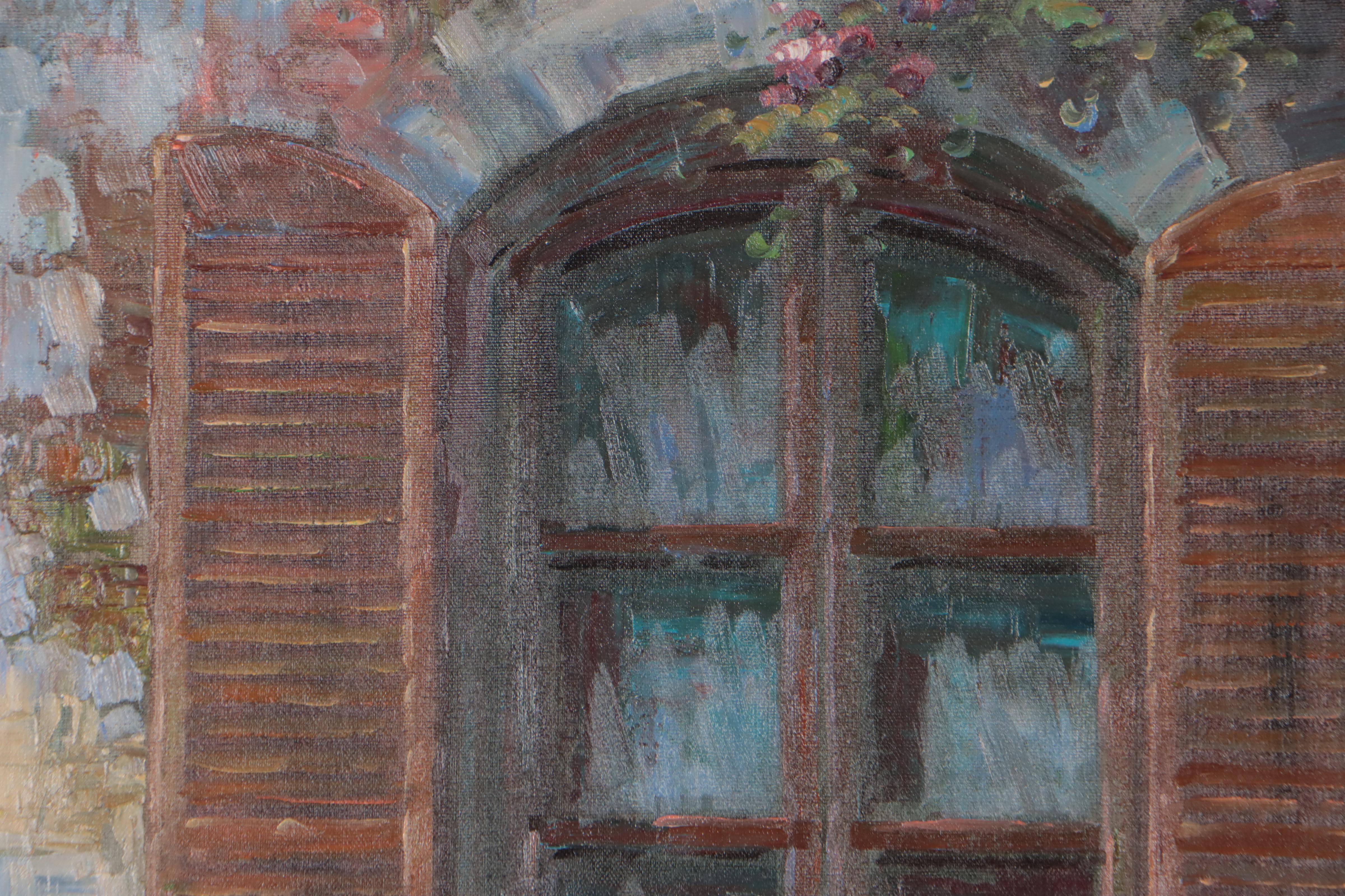 N. Stebins Oil Painting of Window and Potted Flowers, Late 20th Century