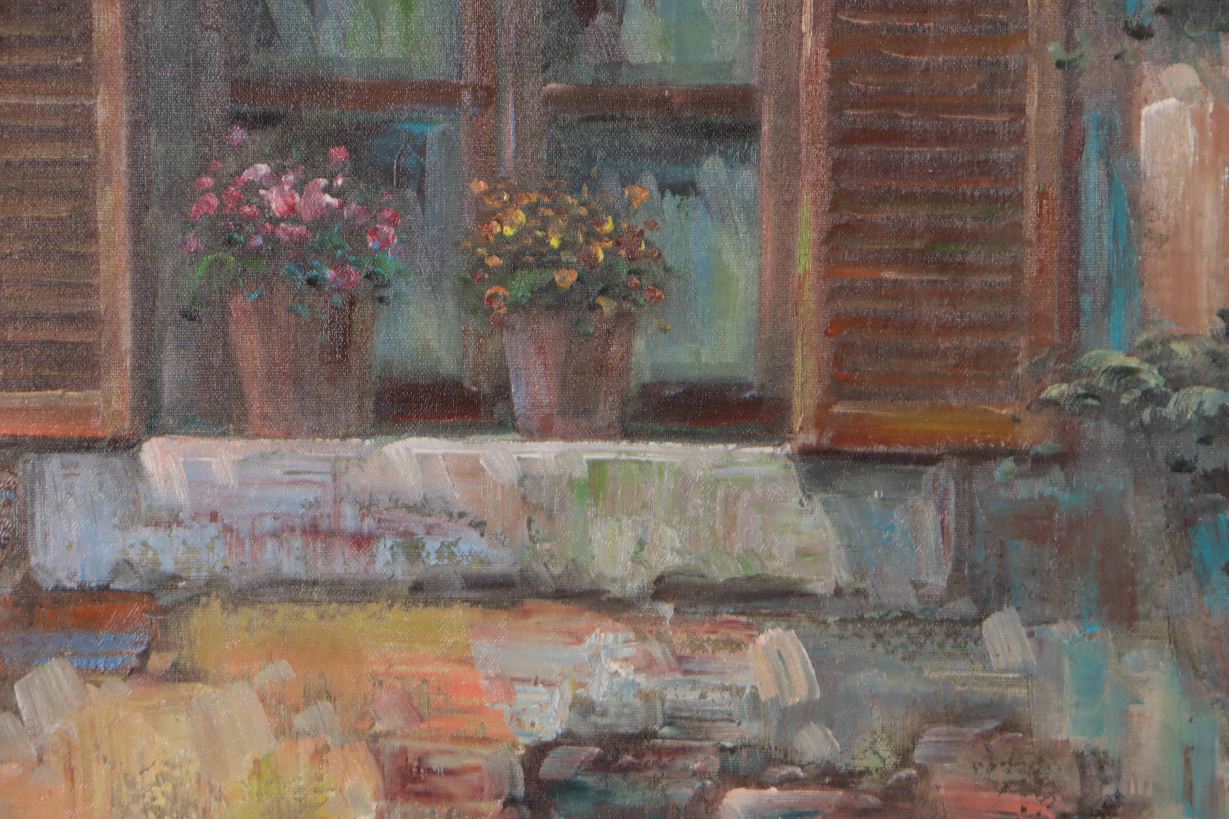 N. Stebins Oil Painting of Window and Potted Flowers, Late 20th Century