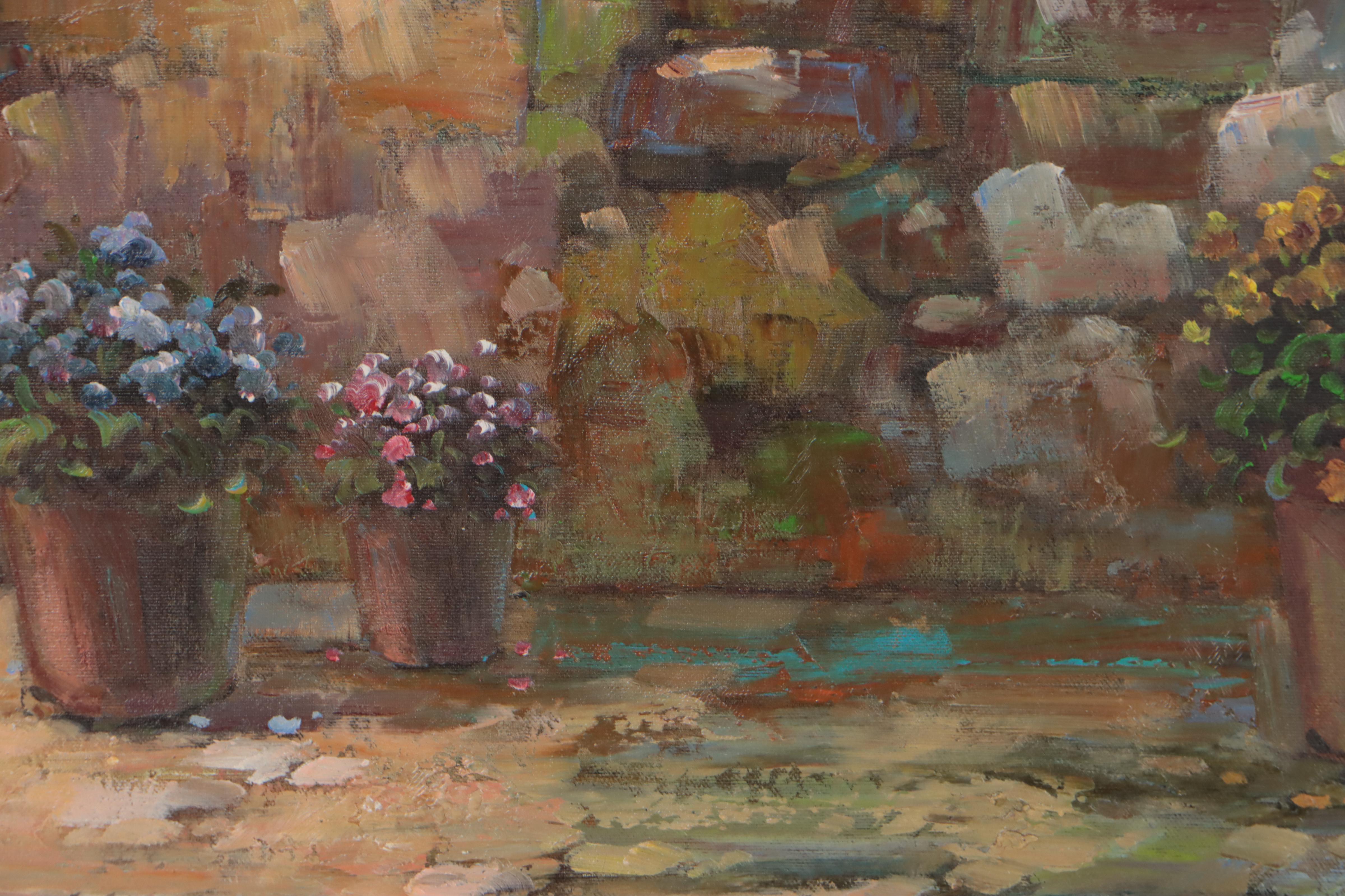 N. Stebins Oil Painting of Window and Potted Flowers, Late 20th Century