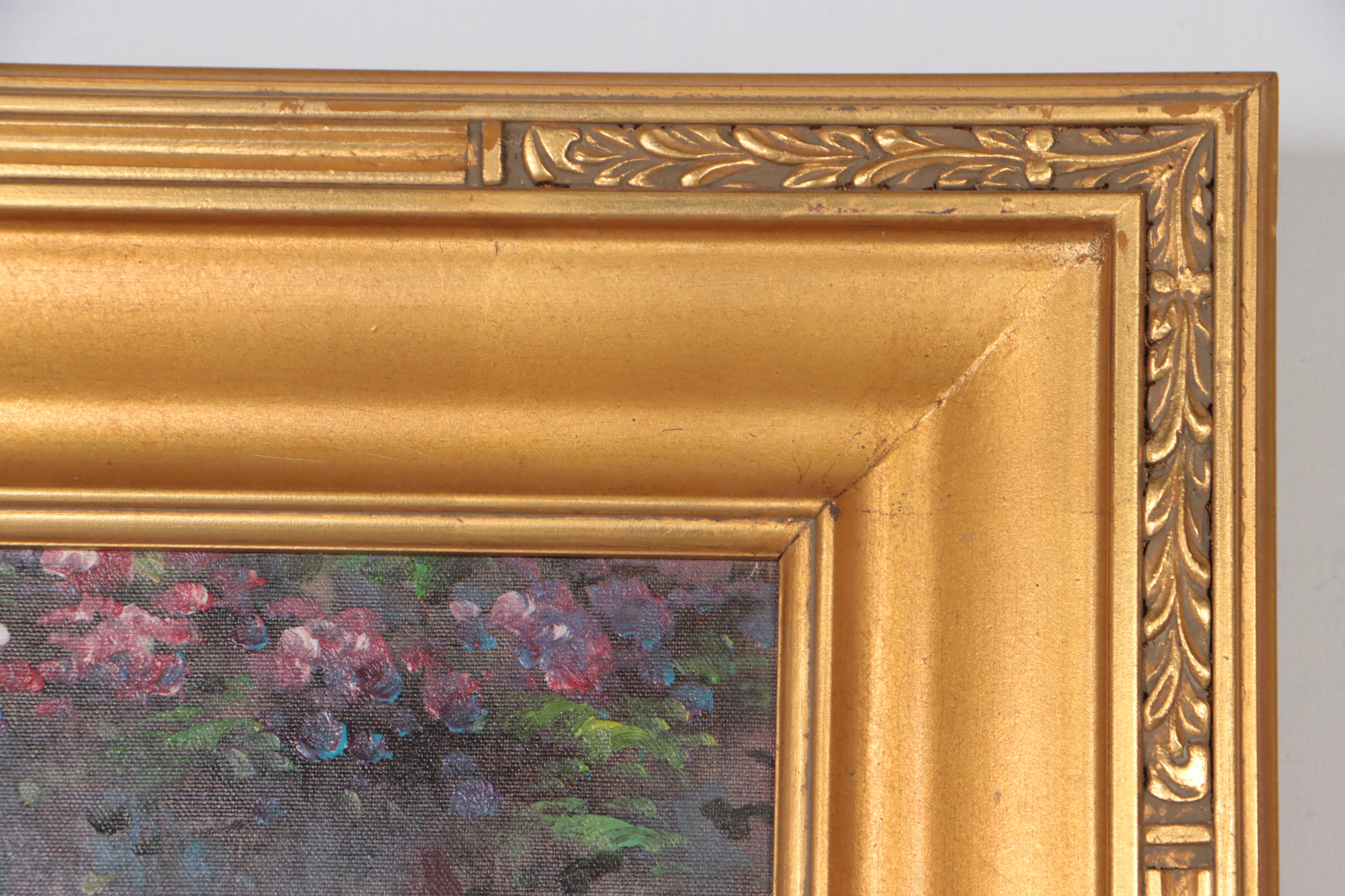 N. Stebins Oil Painting of Window and Potted Flowers, Late 20th Century