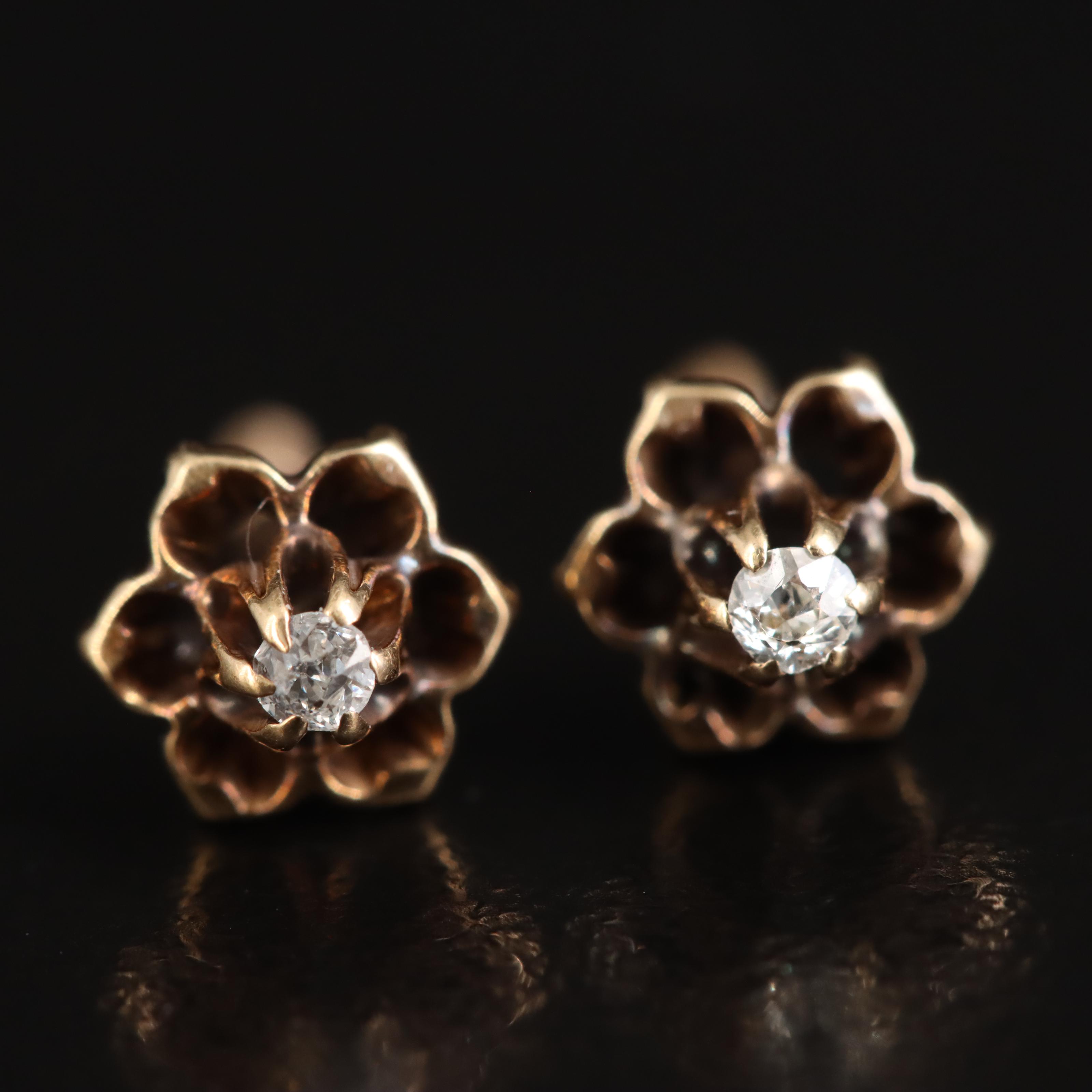 Antique 14K 0.06 CTW Diamond Buttercup Set Stud Earrings
