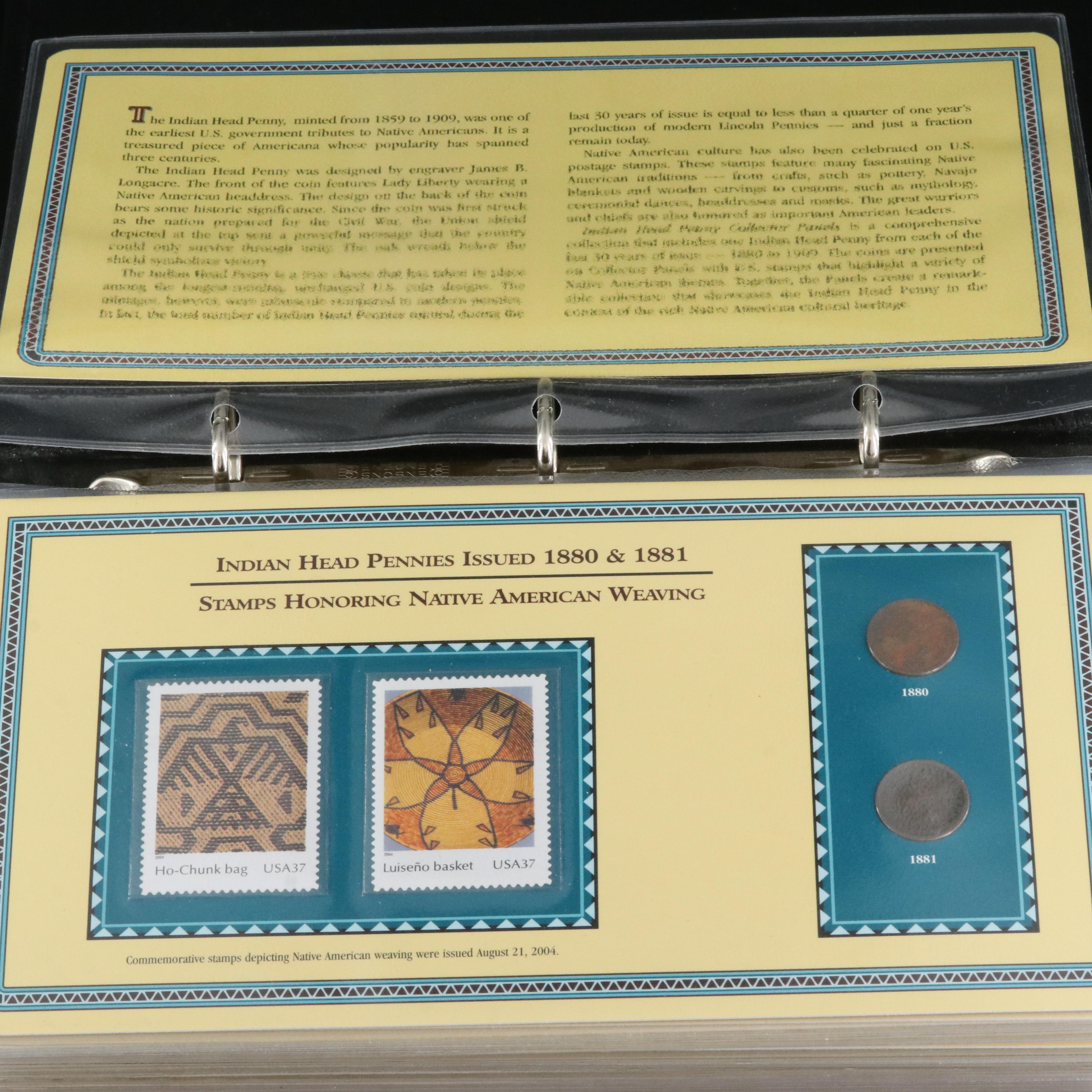 Collection of Thirty Indian Cents 1880-1909 with U.S. Native American Stamps