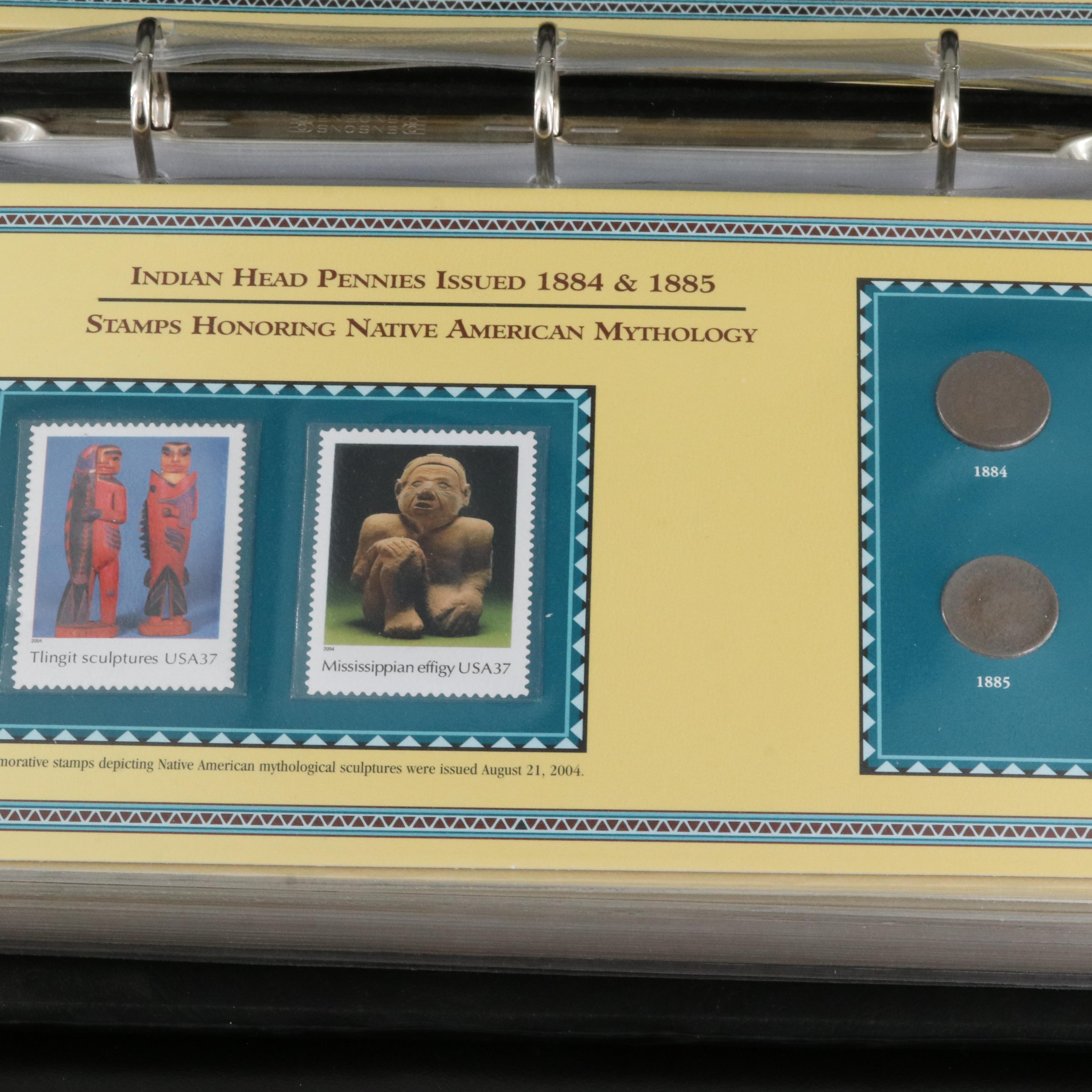 Collection of Thirty Indian Cents 1880-1909 with U.S. Native American Stamps