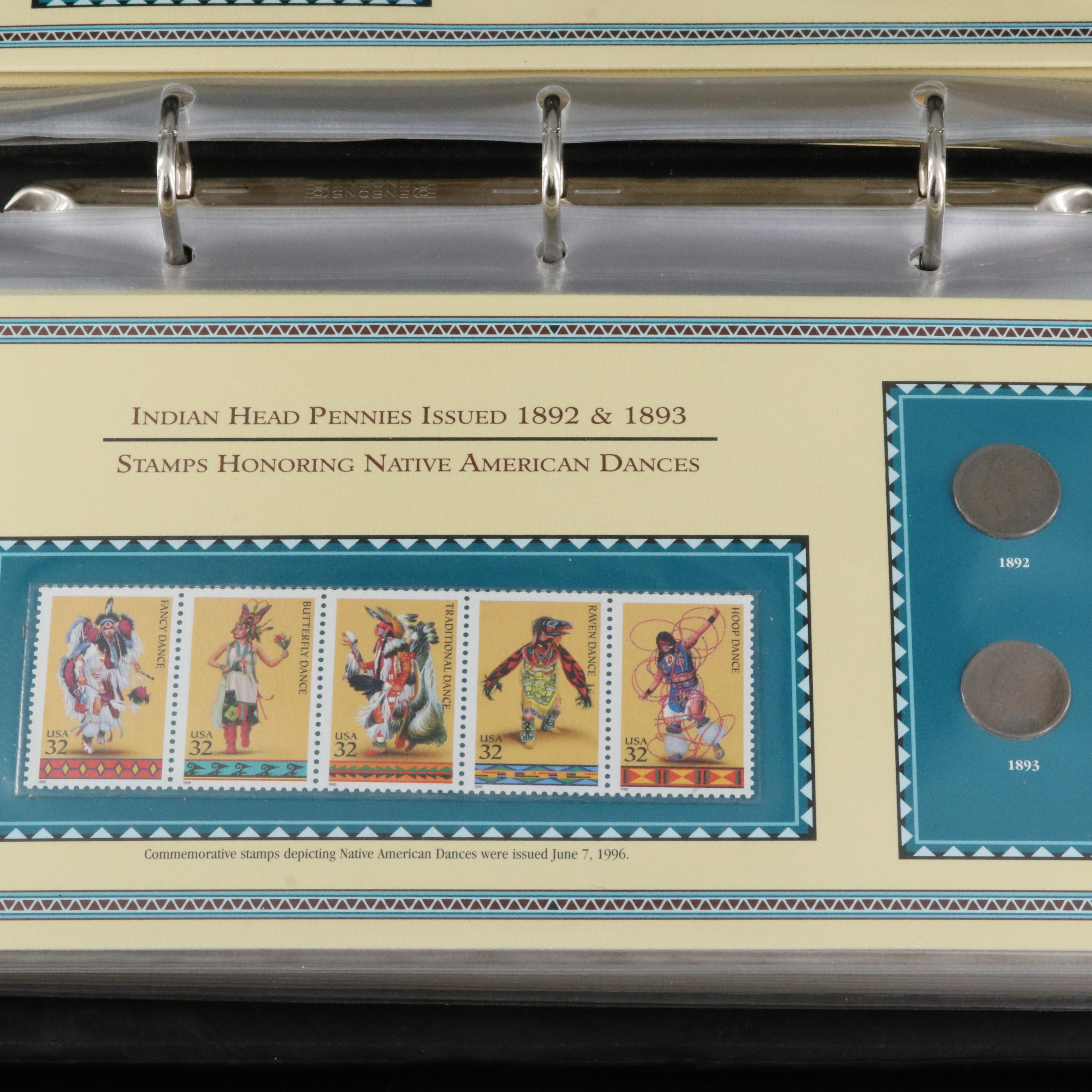 Collection of Thirty Indian Cents 1880-1909 with U.S. Native American Stamps