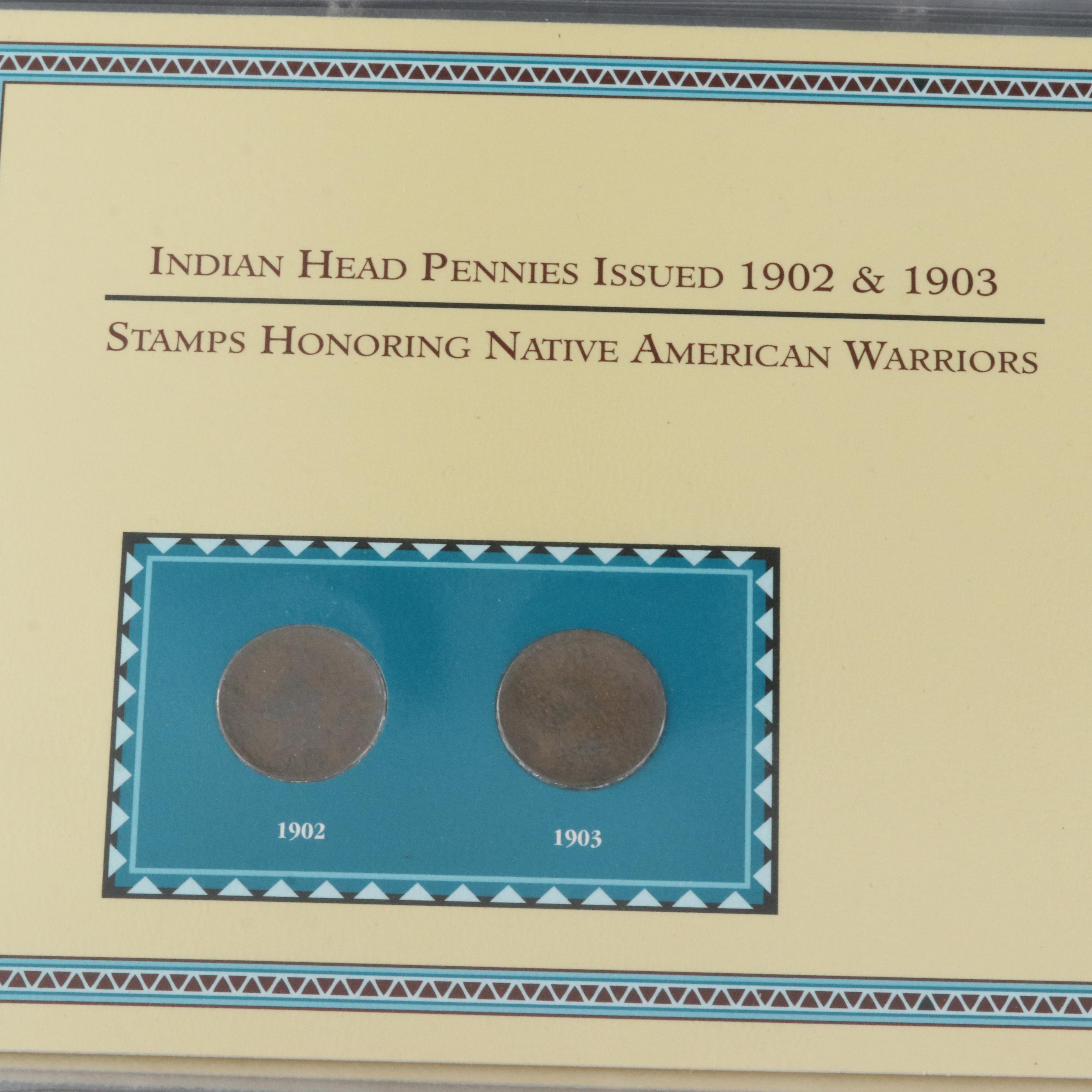Collection of Thirty Indian Cents 1880-1909 with U.S. Native American Stamps