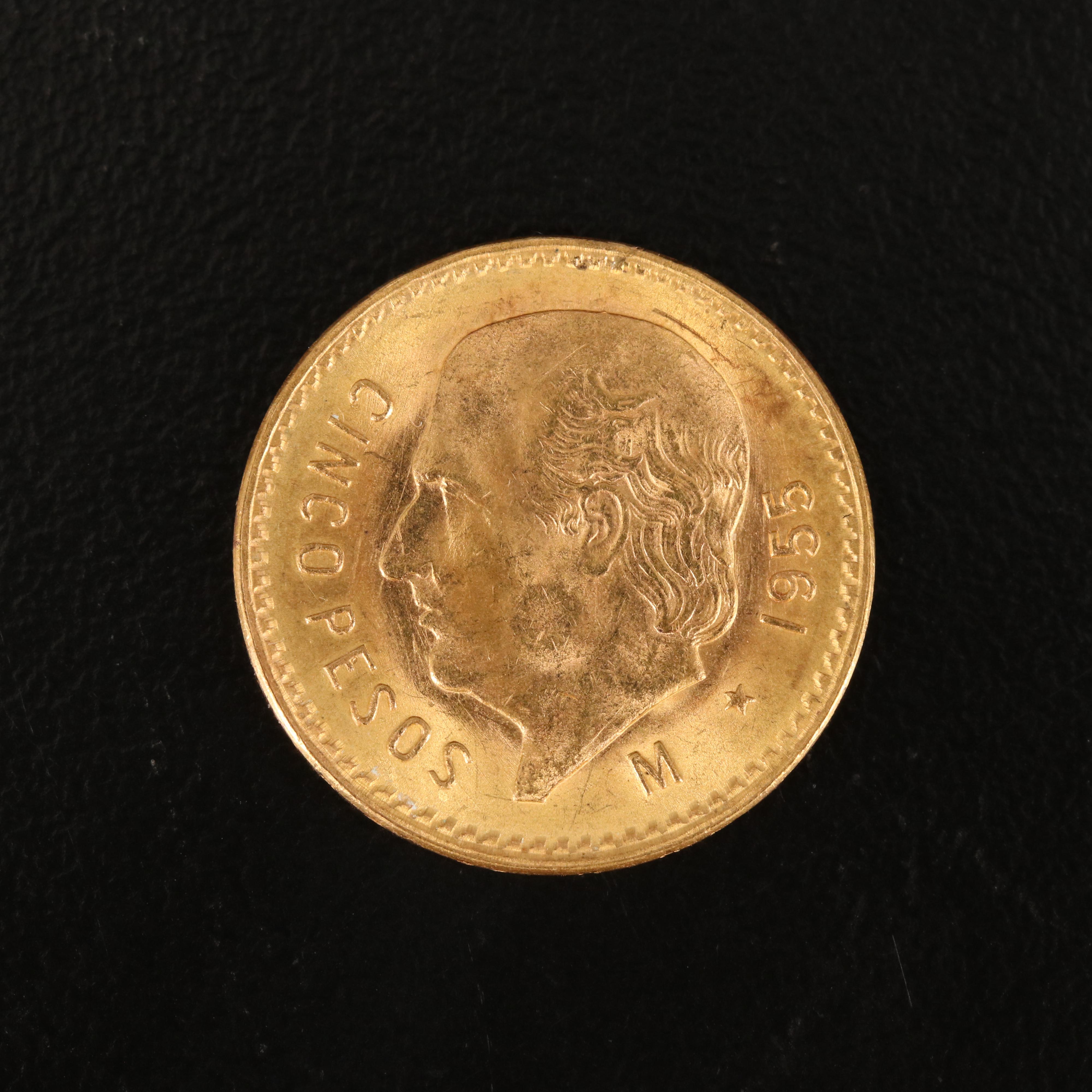 1955 Mexican Cinco Pesos Gold Coin