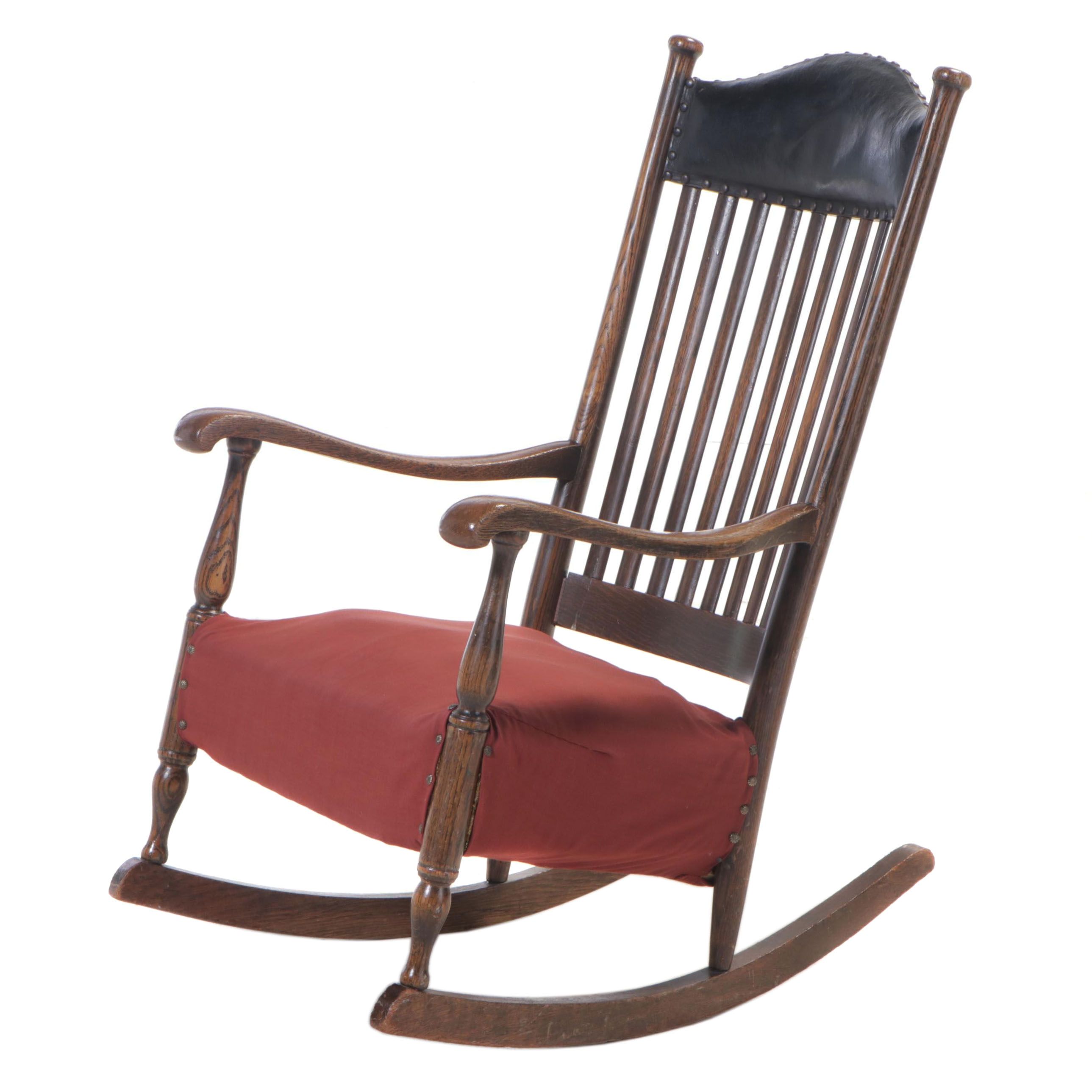 Oak Rocking Chair with Oil-Cloth Upholstered Crest, Early 20th Century